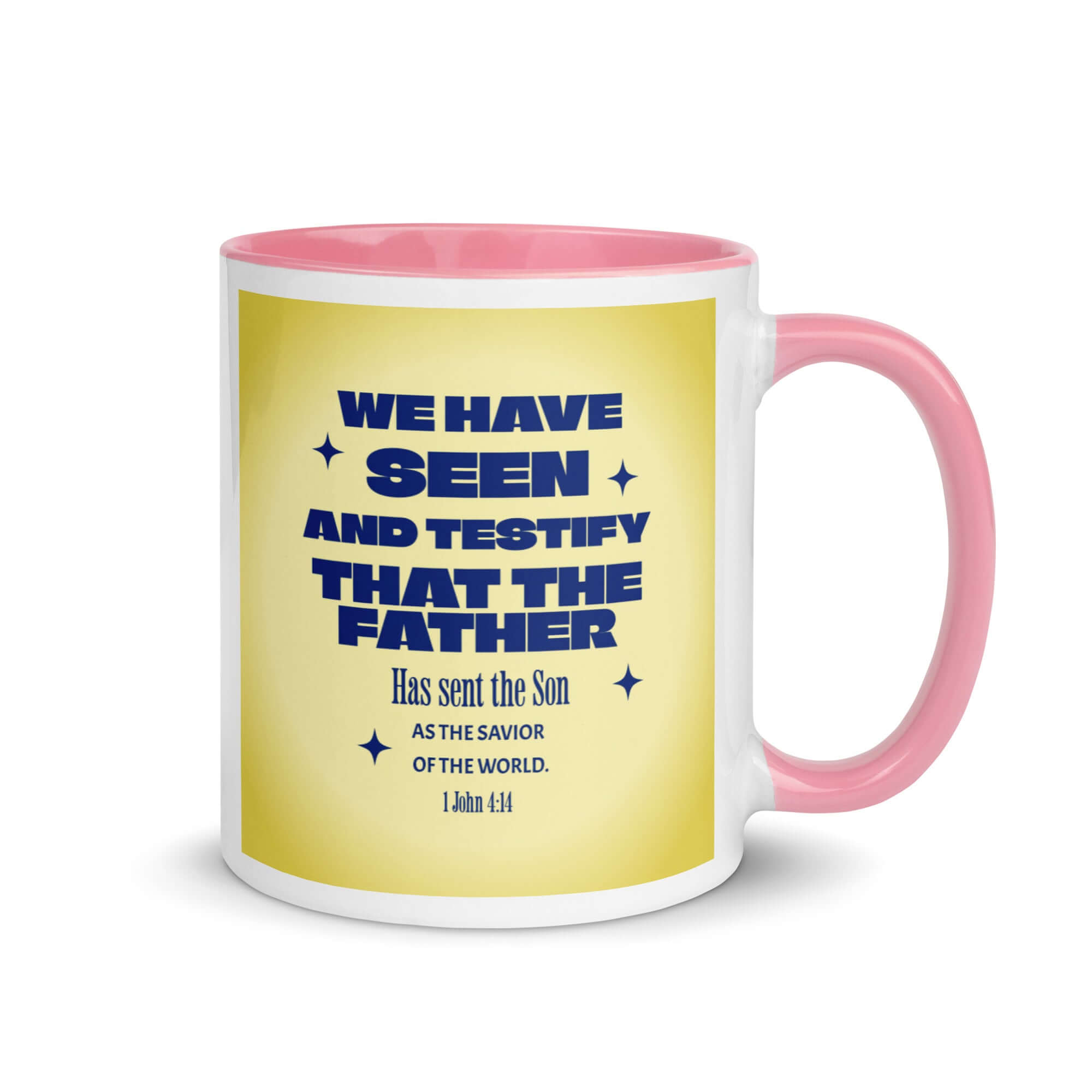 1 John 4:14 Bible Verse, Savior of the world White Ceramic Mug with Color Inside Pink 11 oz