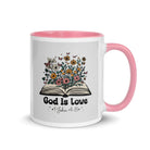 1 John 4:8 Bible Verse, God is Love White Ceramic Mug with Color Inside Pink 11 oz