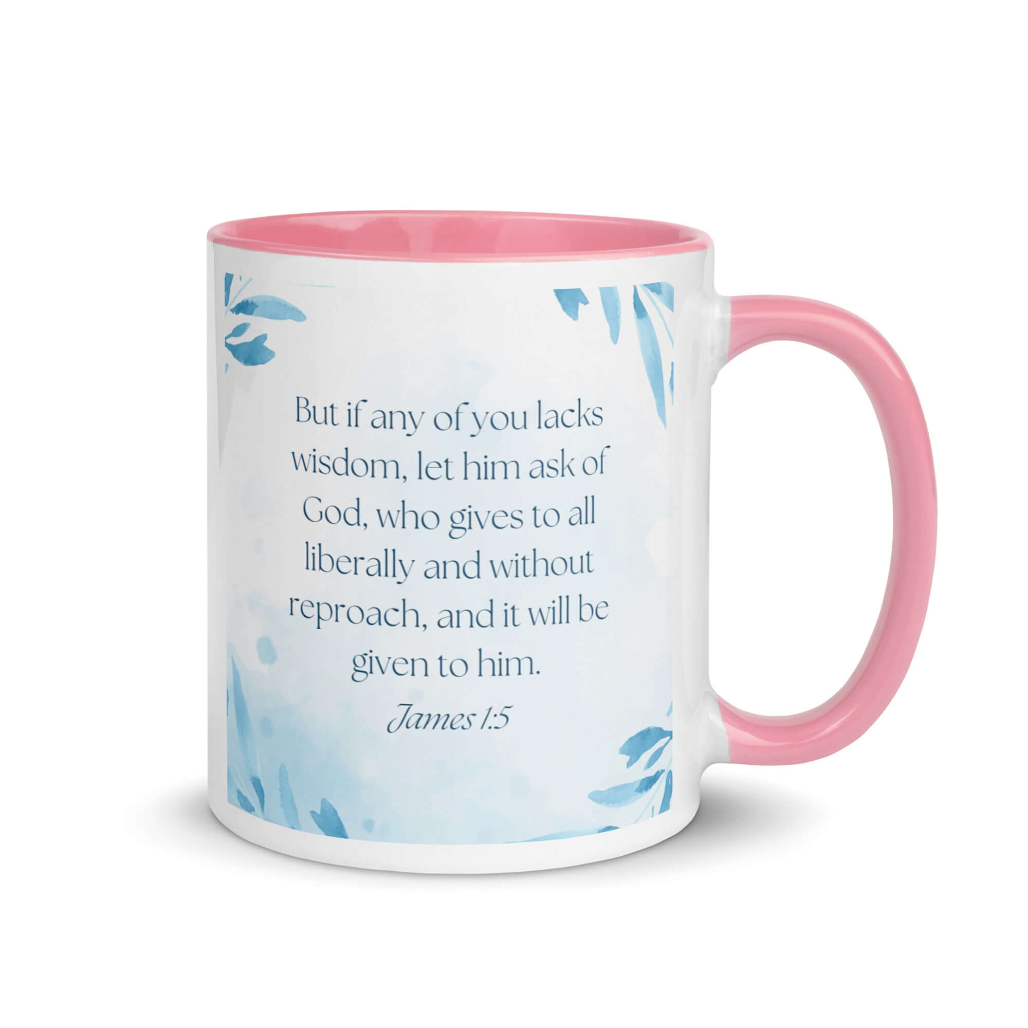 James 1:5 Bible Verse, lacks wisdom White Ceramic Mug with Color Inside Pink 11 oz