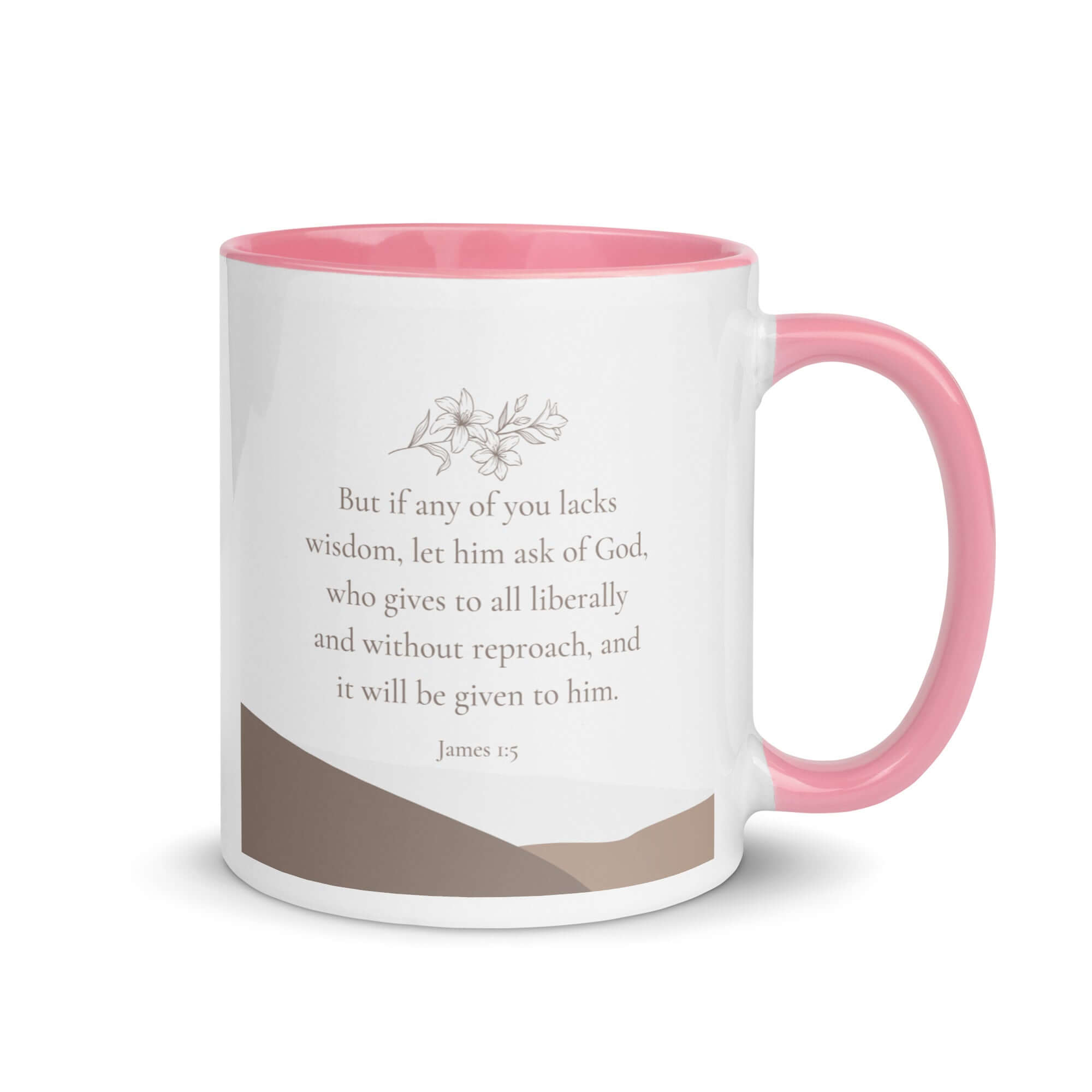 James 1:5 Bible Verse, ask of God White Ceramic Mug with Color Inside Pink 11 oz