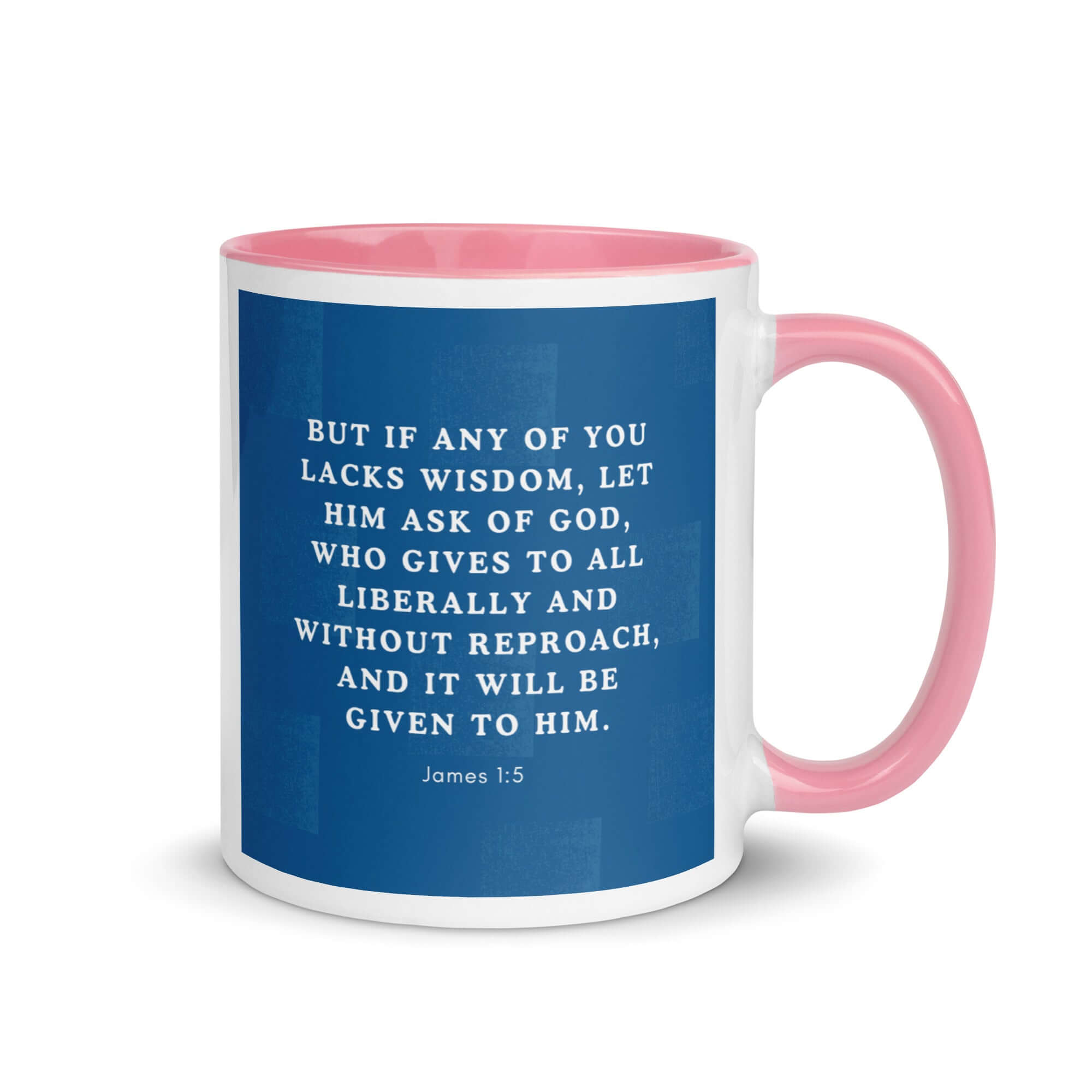 James 1:5 Bible Verse, gives to all White Ceramic Mug with Color Inside Pink 11 oz