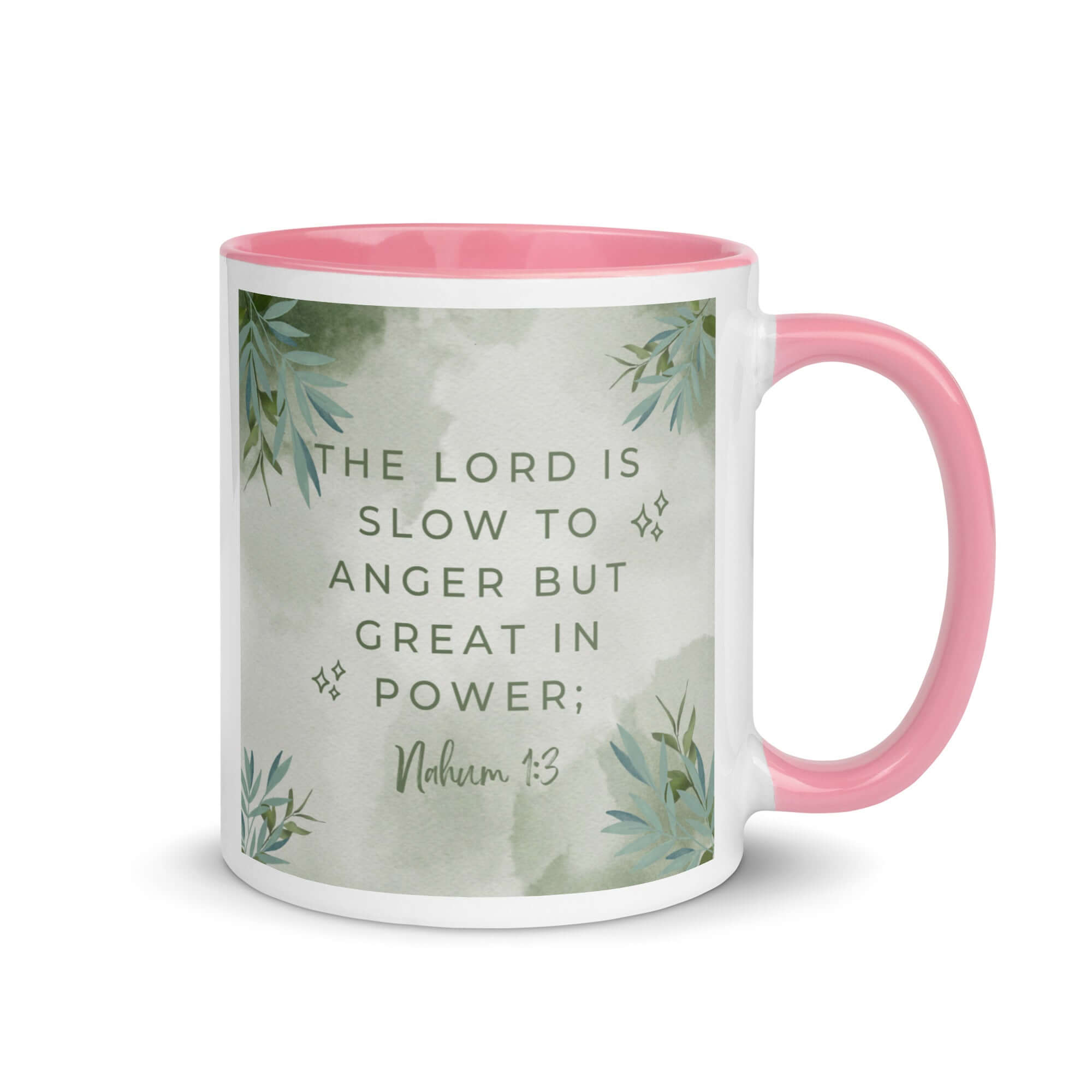 Nahum 1:3 Bible Verse, The Lord is slow White Ceramic Mug with Color Inside Pink 11 oz