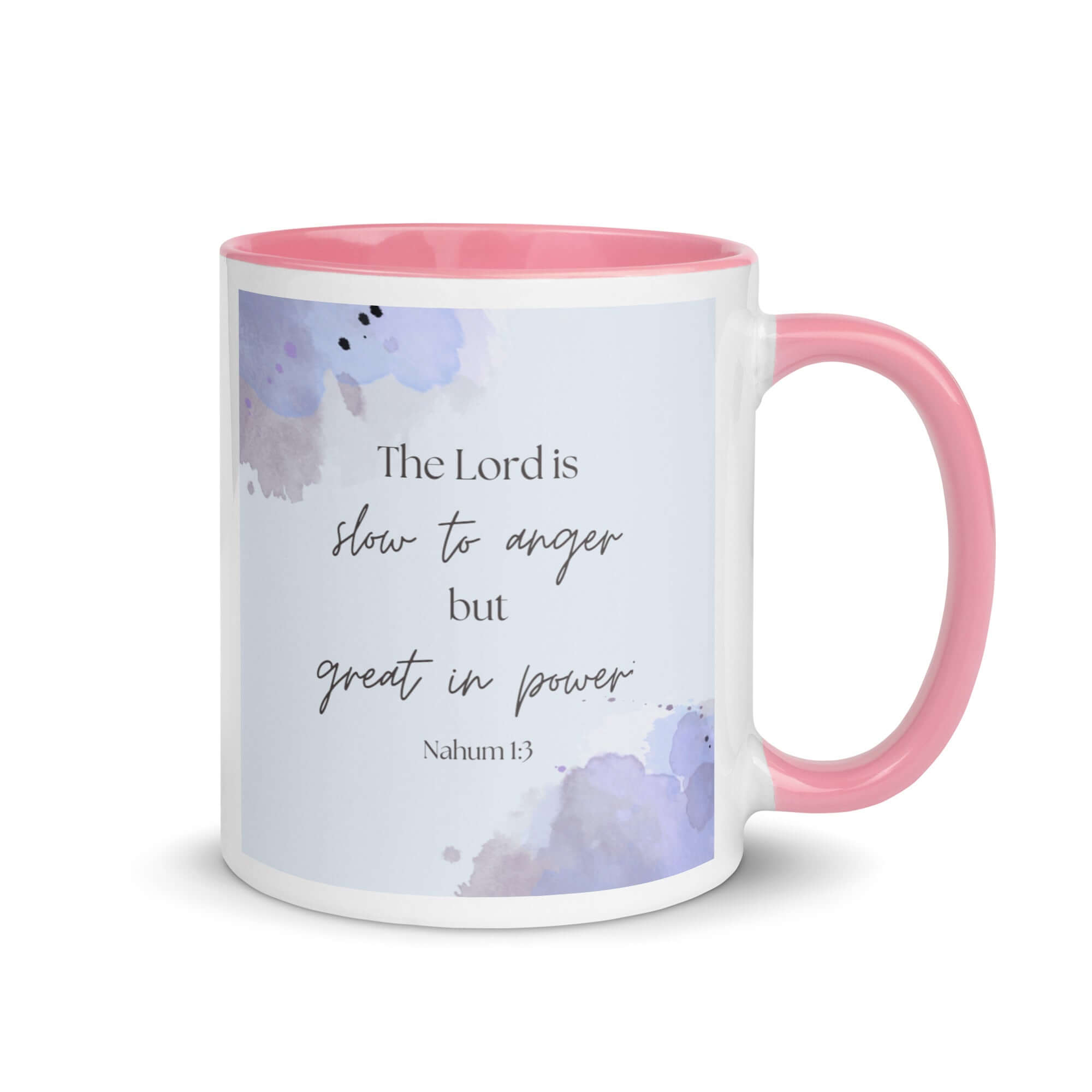 Nahum 1:3 Bible Verse, great in power White Ceramic Mug with Color Inside Pink 11 oz
