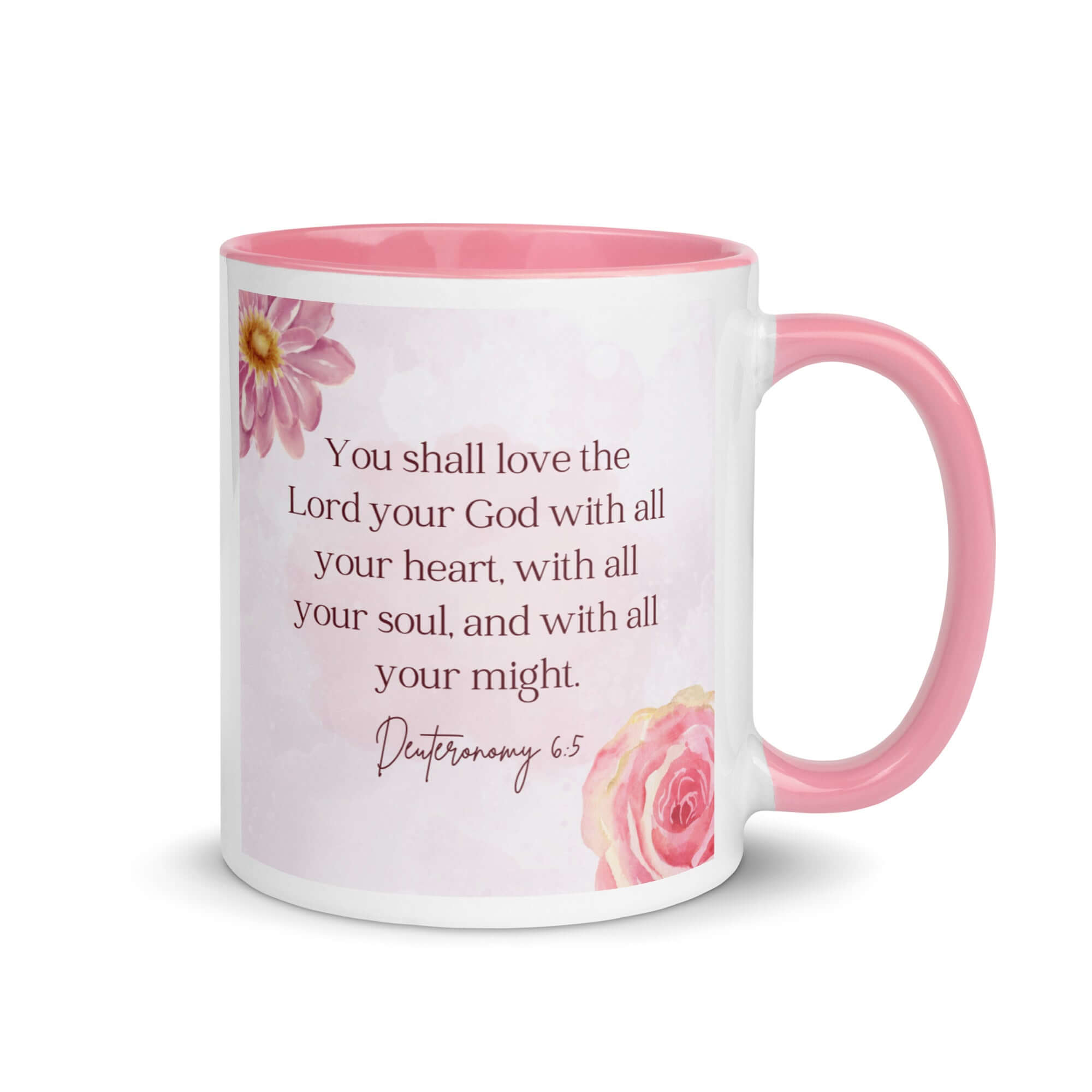 Deuteronomy 6:5 Bible Verse, the Lord White Ceramic Mug with Color Inside Pink 11 oz