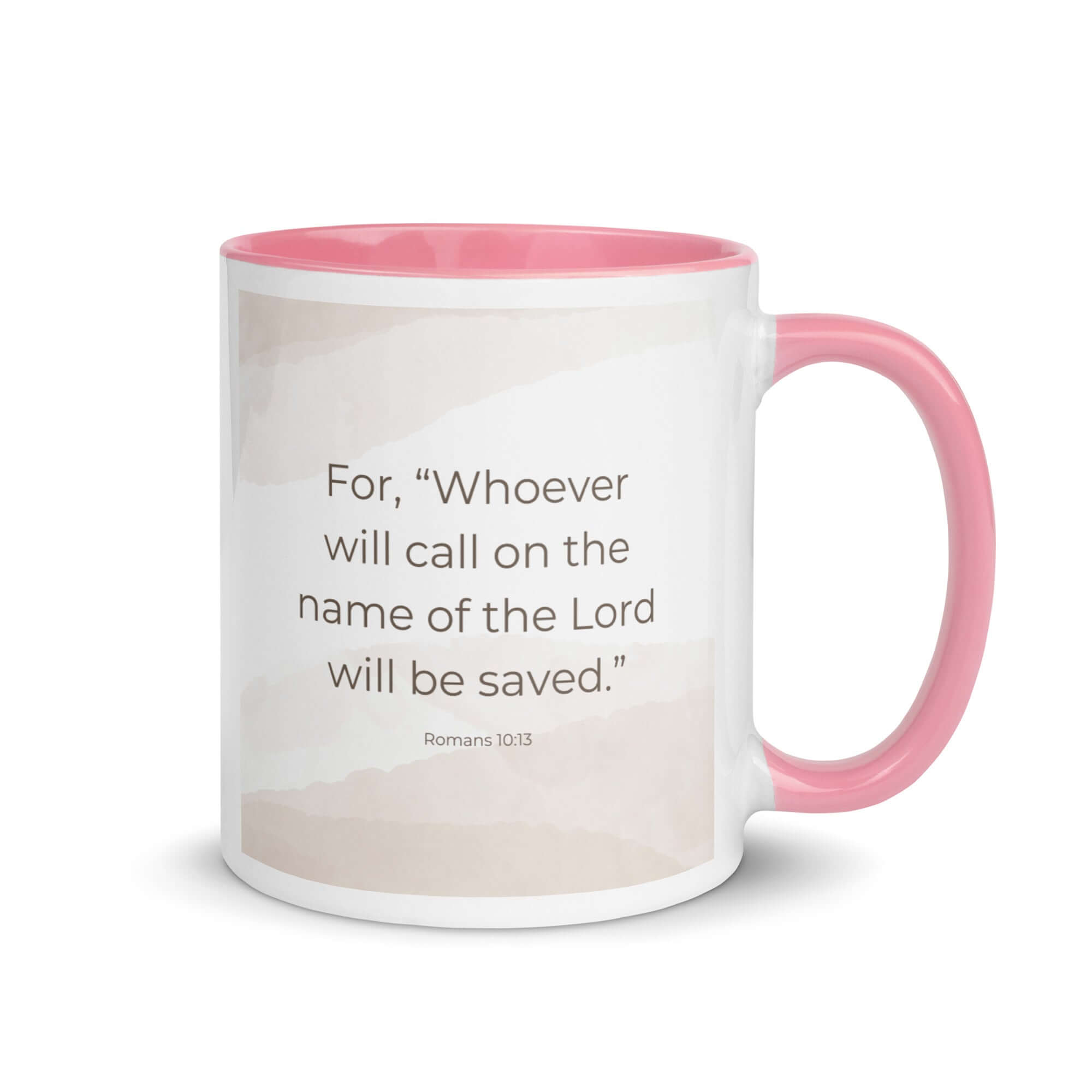 Romans 10:13 Bible Verse, the name White Ceramic Mug with Color Inside Pink 11 oz
