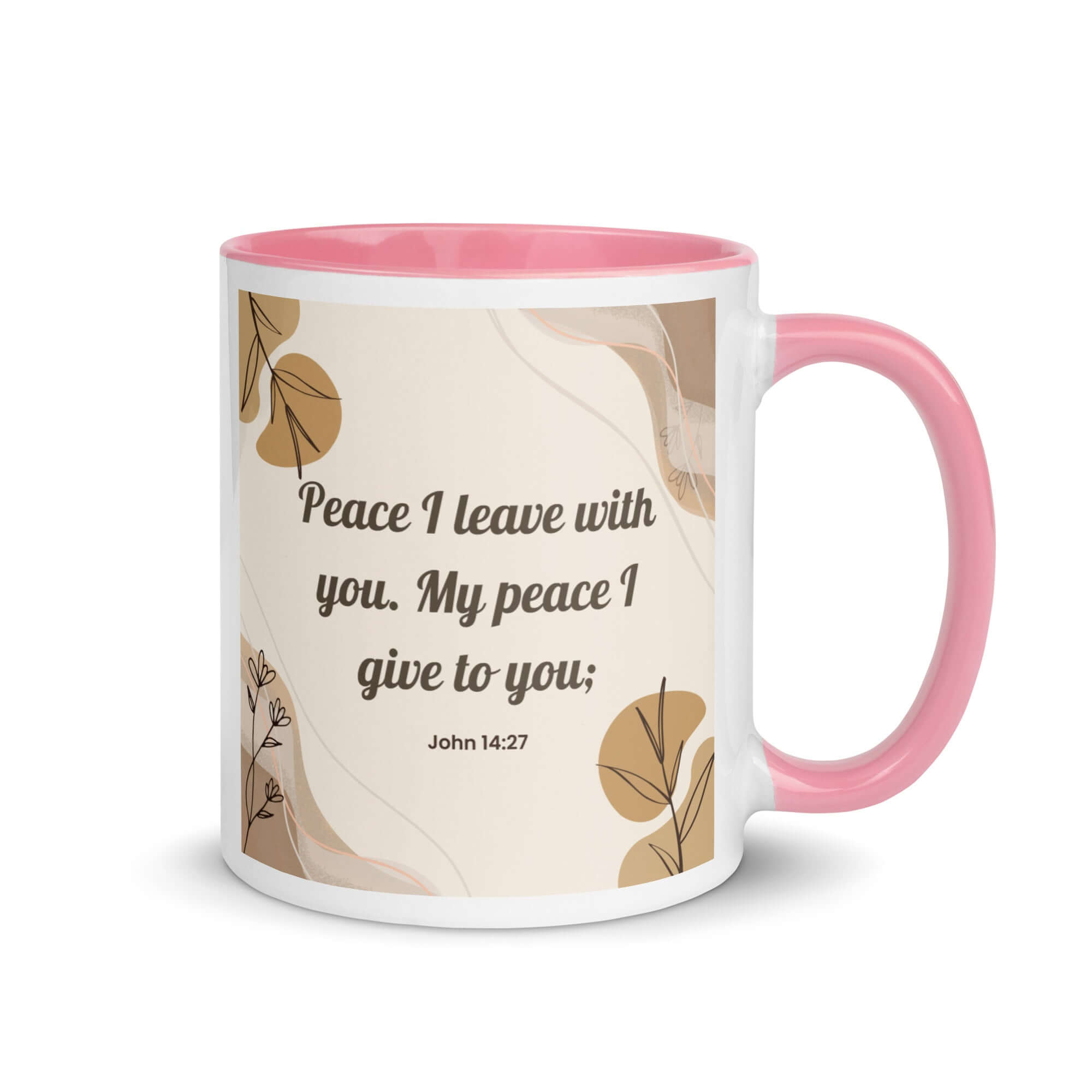 John 14:27 Bible Verse, Peace I White Ceramic Mug with Color Inside Pink 11 oz