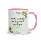 John 14:27 Bible Verse, My peace White Ceramic Mug with Color Inside Pink 11 oz