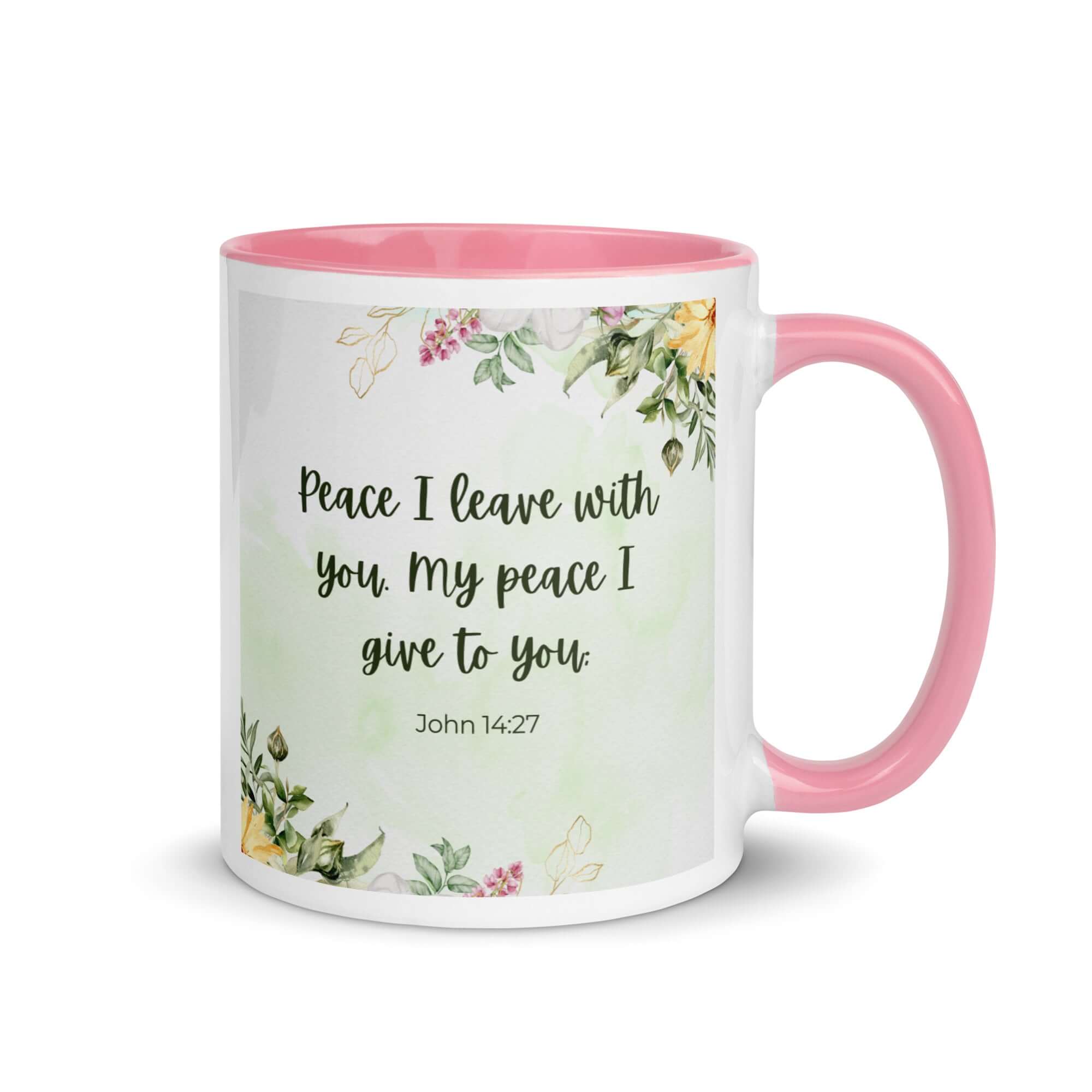 John 14:27 Bible Verse, My peace White Ceramic Mug with Color Inside Pink 11 oz