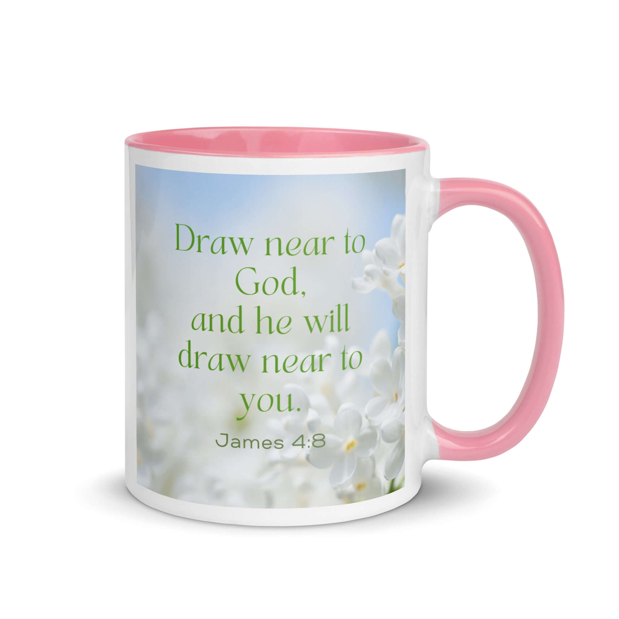 James 4:8 Bible Verse, Draw near White Ceramic Mug with Color Inside Pink 11 oz
