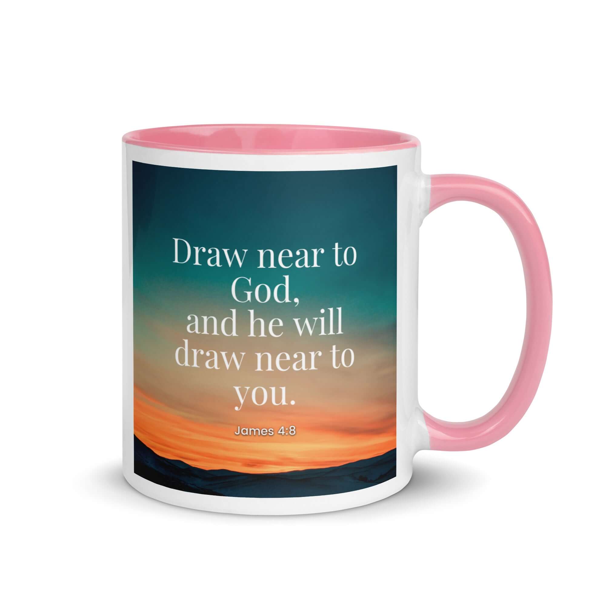 James 4:8 Bible Verse, near to God White Ceramic Mug with Color Inside Pink 11 oz