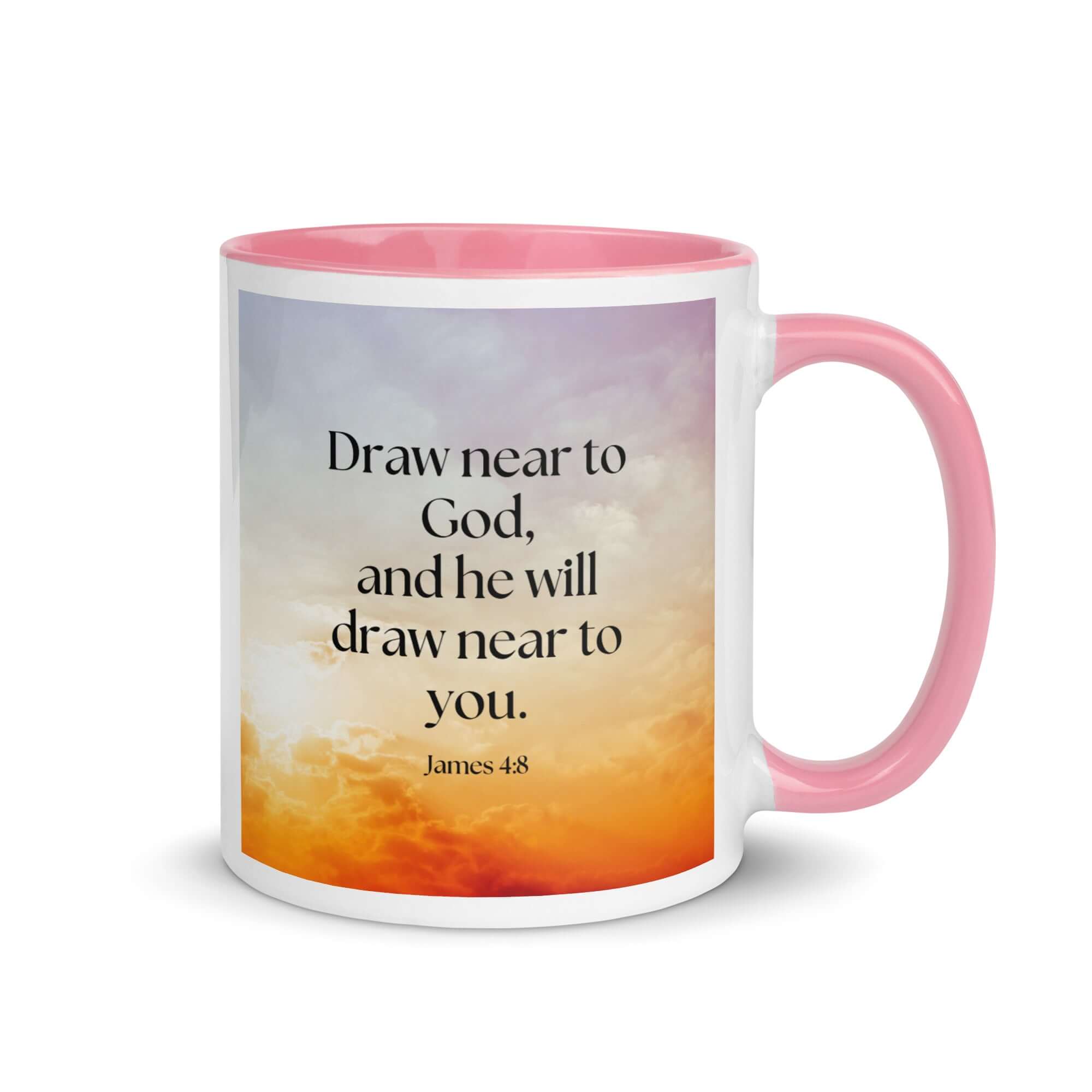 James 4:8 Bible Verse, he will draw White Ceramic Mug with Color Inside Pink 11 oz