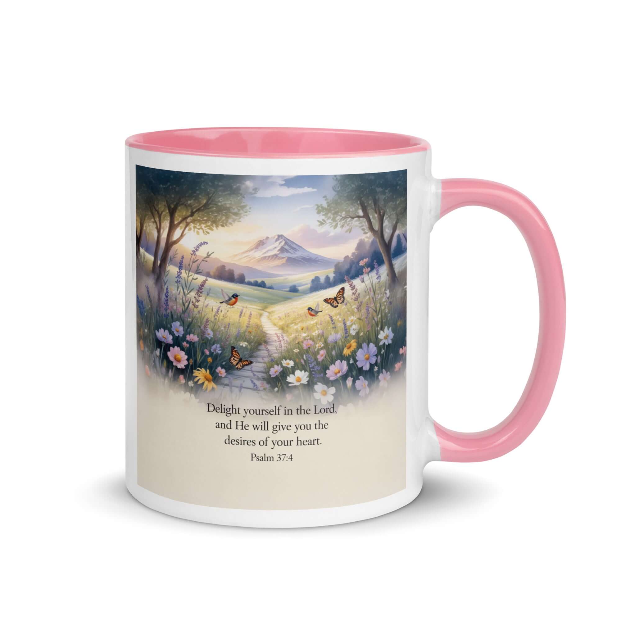 Psalm 37:4 Bible Verse, Delight White Ceramic Mug with Color Inside Pink 11 oz