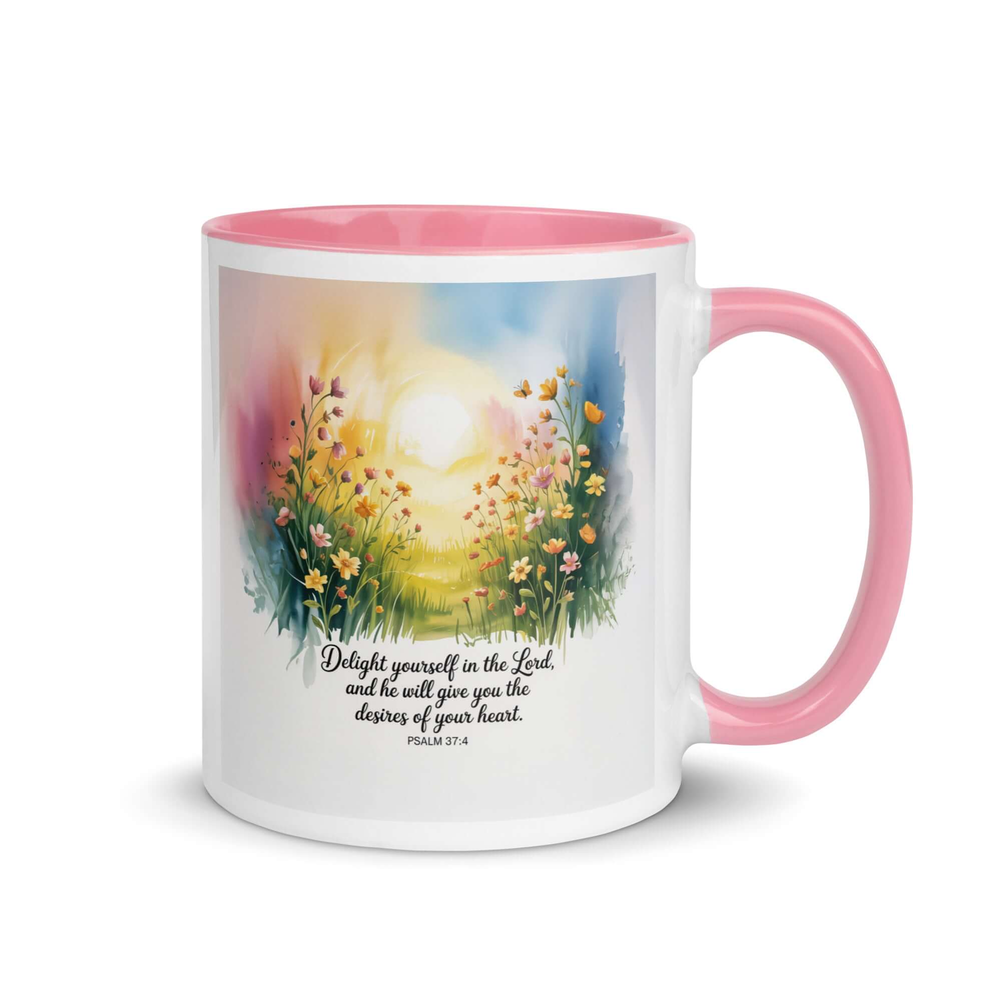Psalm 37:4 Bible Verse, will give White Ceramic Mug with Color Inside Pink 11 oz