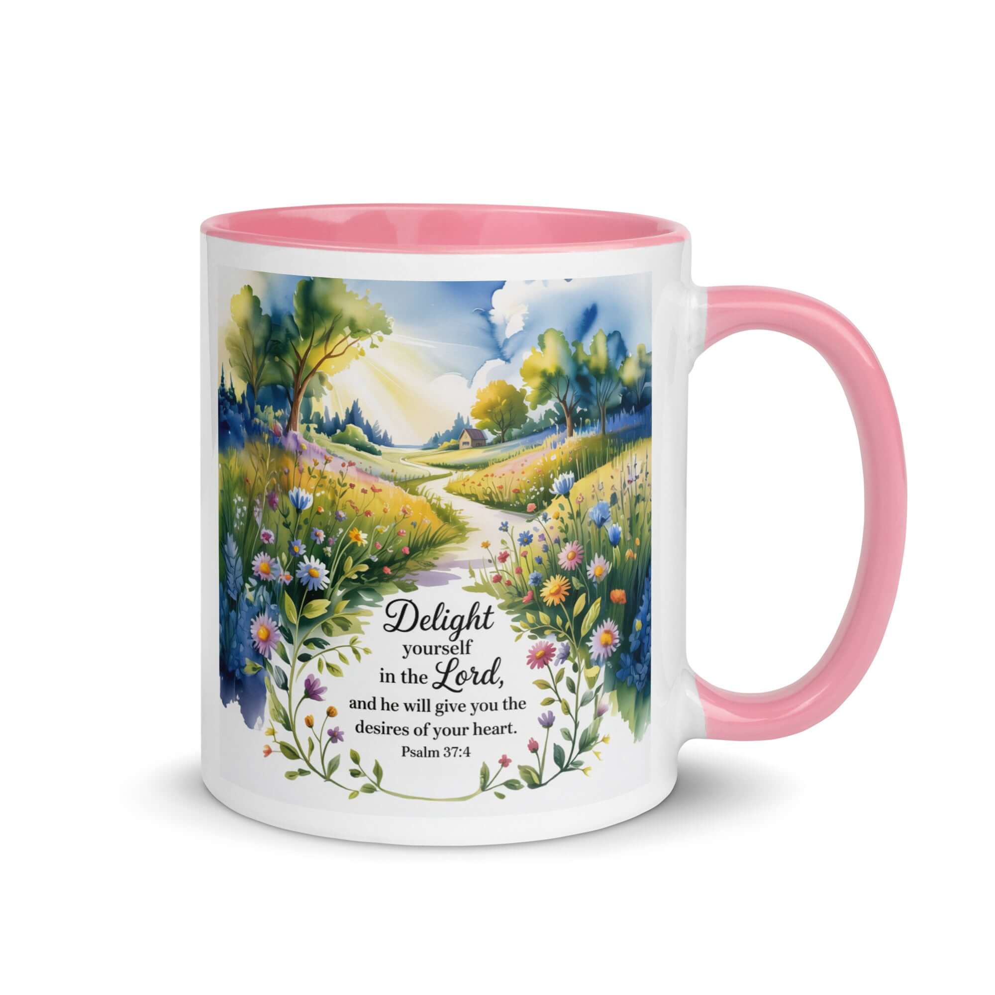 Psalm 37:4 Bible Verse, desires White Ceramic Mug with Color Inside Pink 11 oz