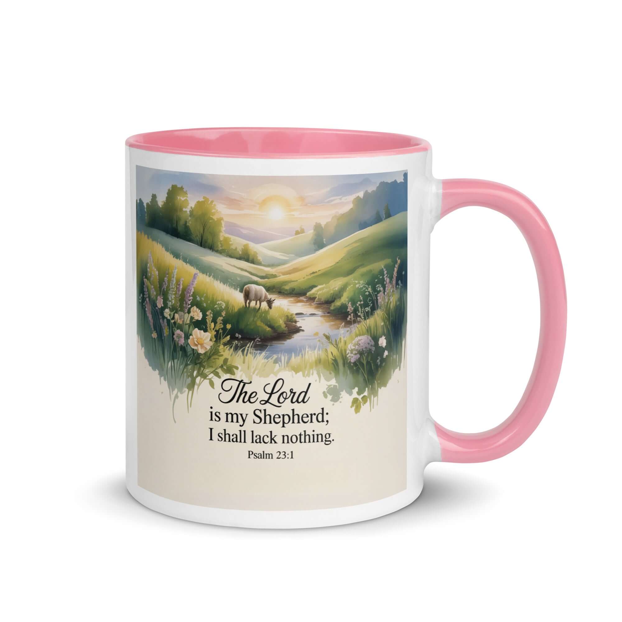 Psalm 23:1 Bible Verse, Lord White Ceramic Mug with Color Inside Pink 11 oz