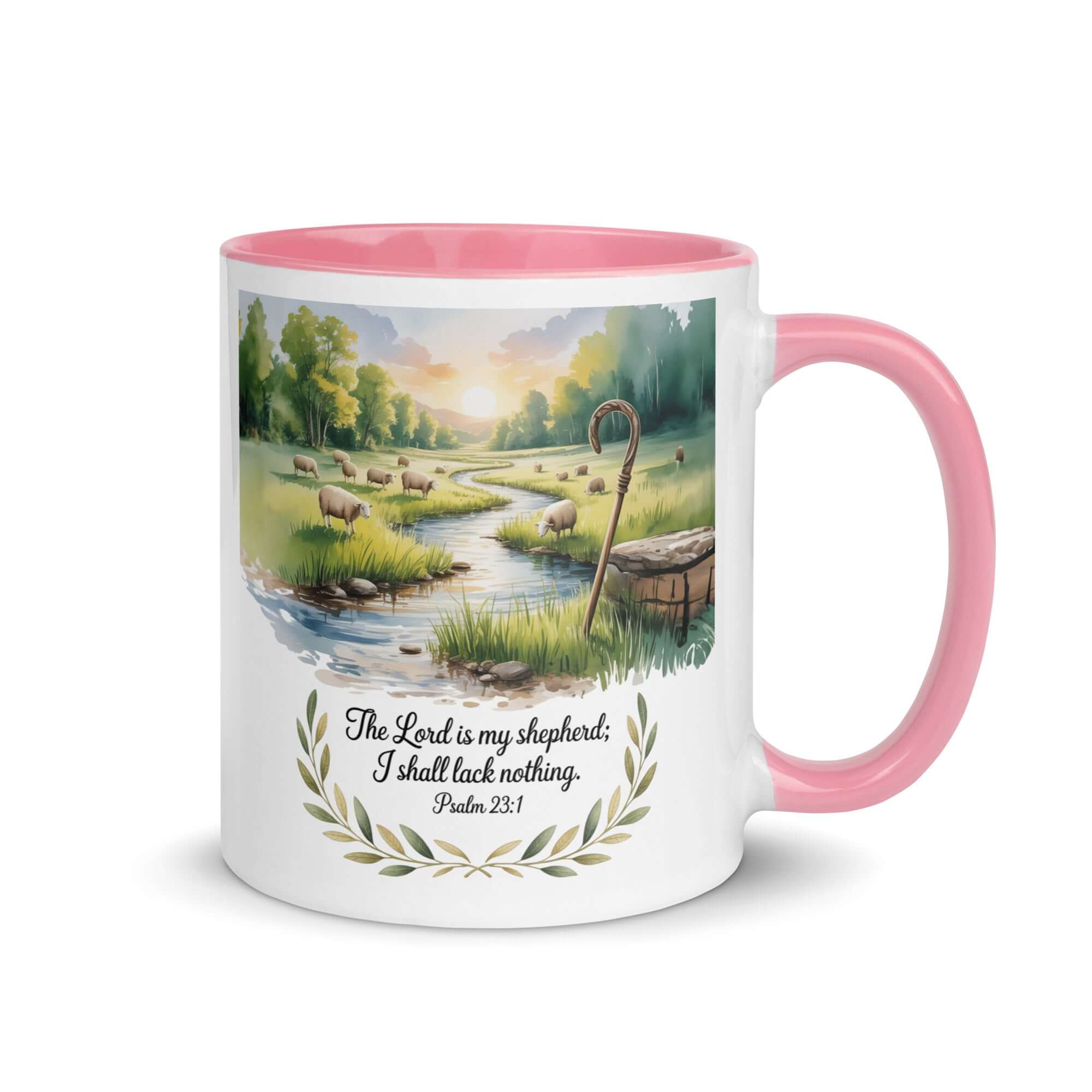 Psalm 23:1 Bible Verse, is my White Ceramic Mug with Color Inside Pink 11 oz