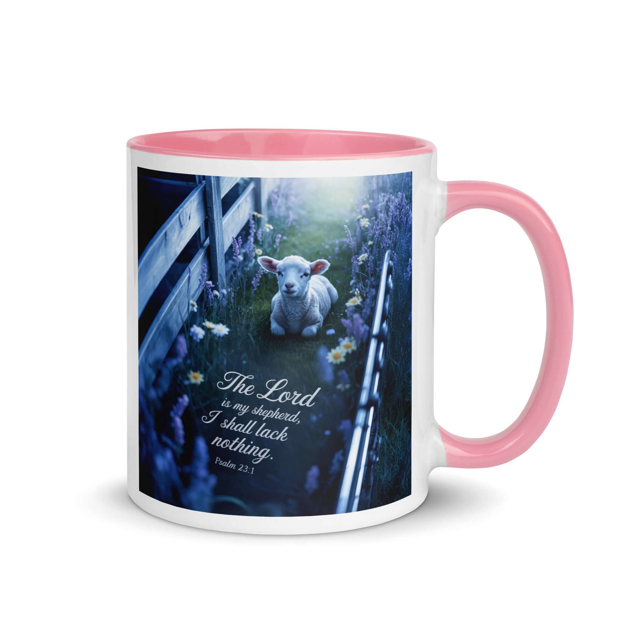 Psalm 23:1 Bible Verse, Shepherd White Ceramic Mug with Color Inside Pink 11 oz