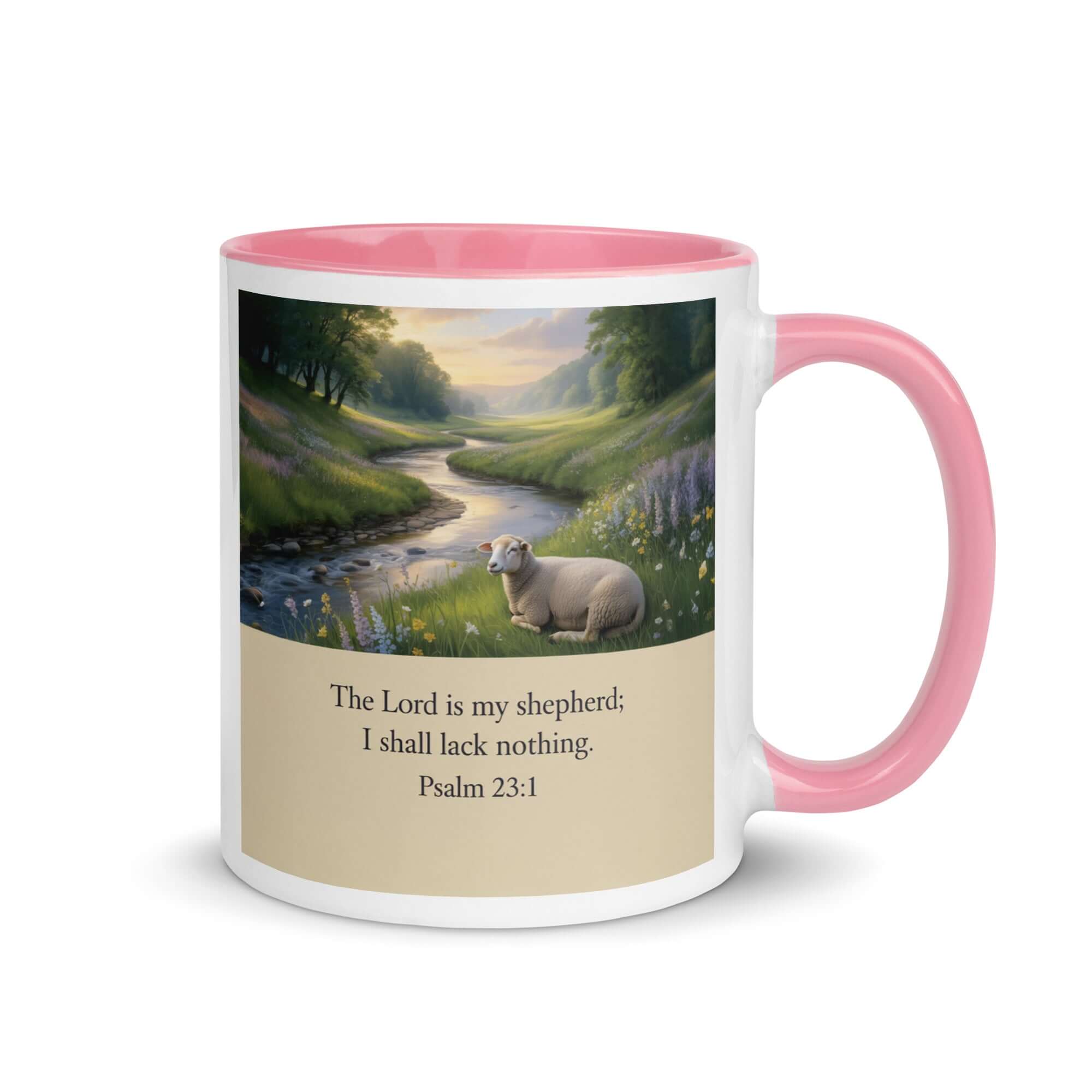 Psalm 23:1 Bible Verse, I shall White Ceramic Mug with Color Inside Pink 11 oz