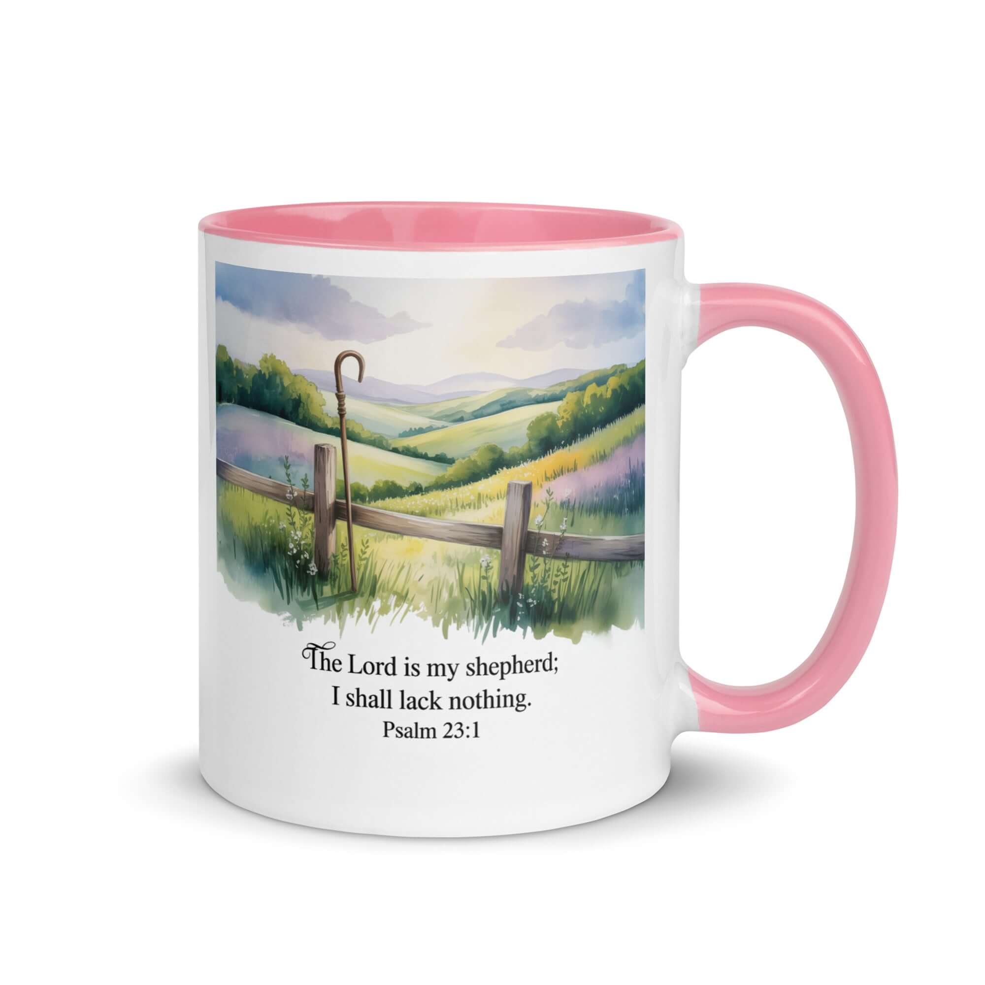 Psalm 23:1 Bible Verse, Lack White Ceramic Mug with Color Inside Pink 11 oz