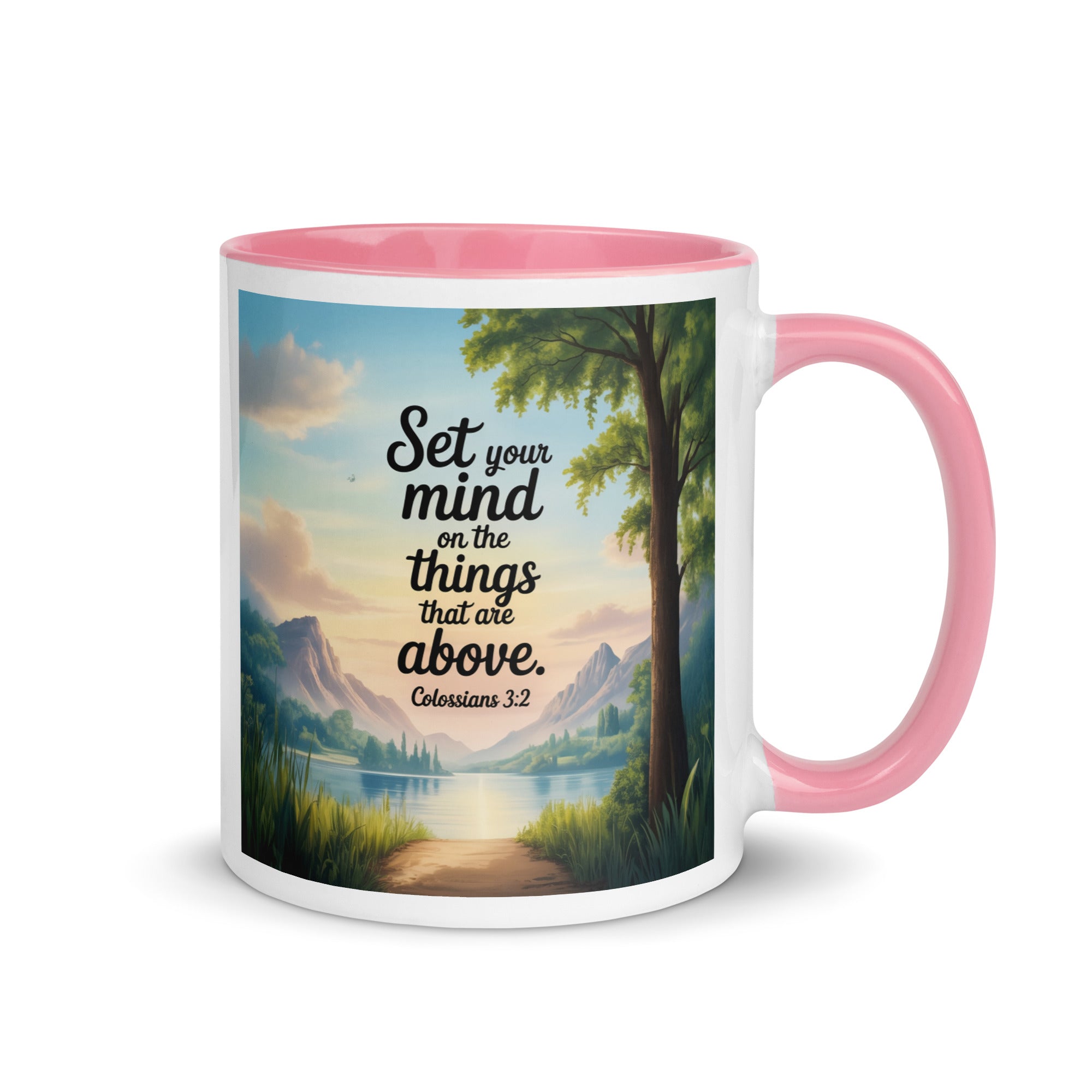 Colossians 3:2 Bible Verse Set White Ceramic Mug with Color Inside Pink 11 oz