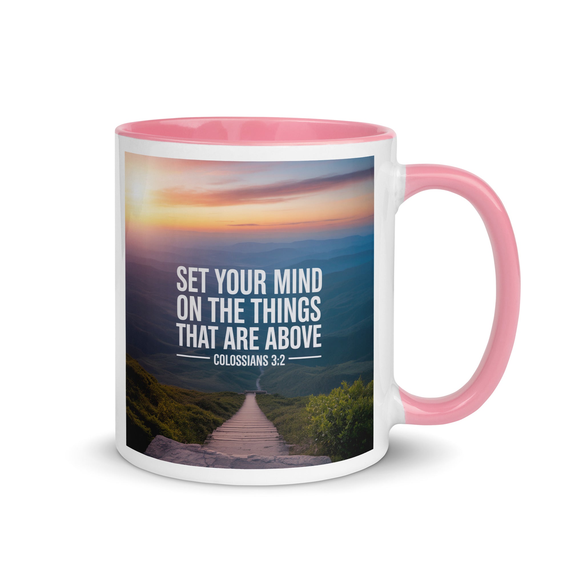 Colossians 3:2 Bible Verse your mind White Ceramic Mug with Color Inside Pink 11 oz