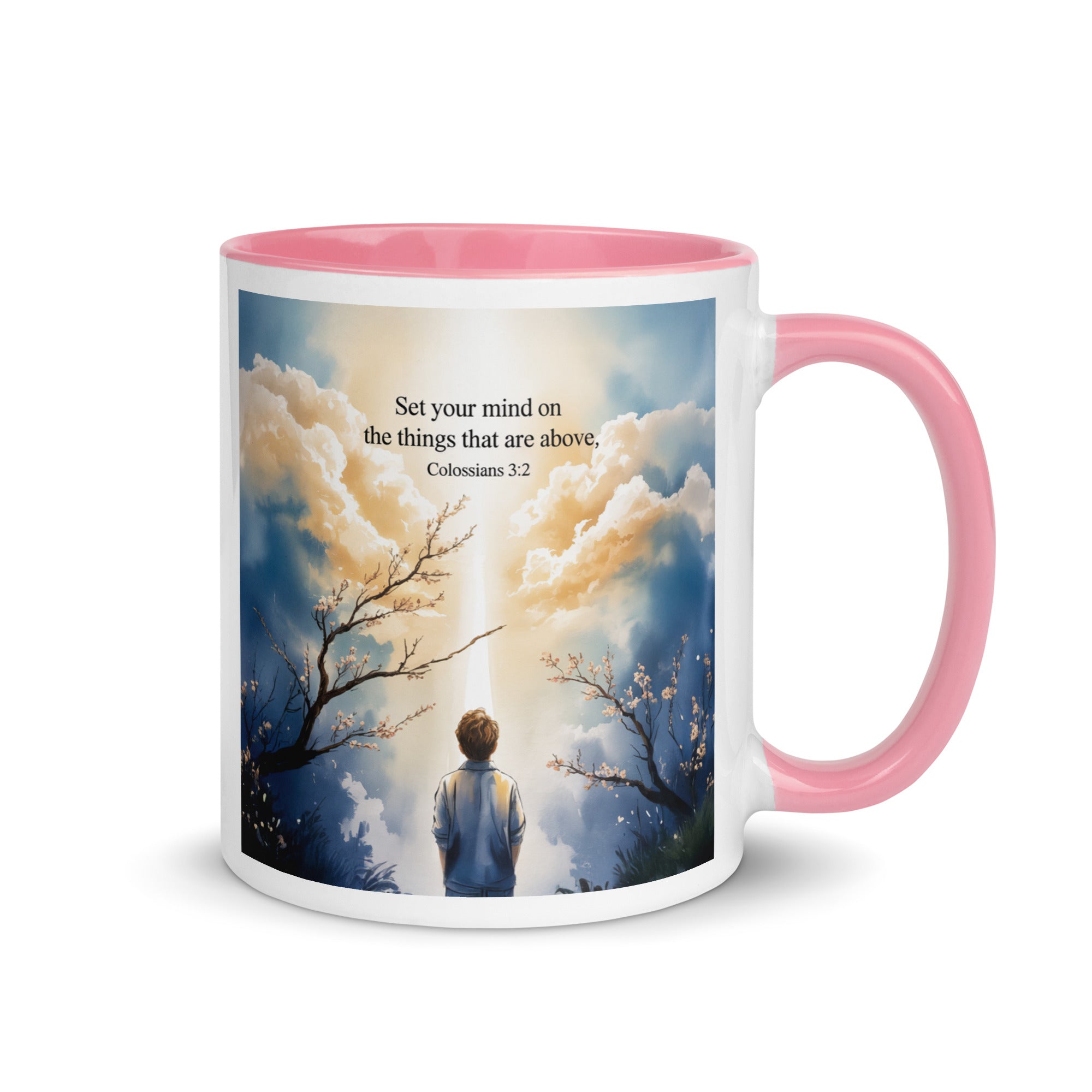 Colossians 3:2 Bible Verse the things White Ceramic Mug with Color Inside Pink 11 oz
