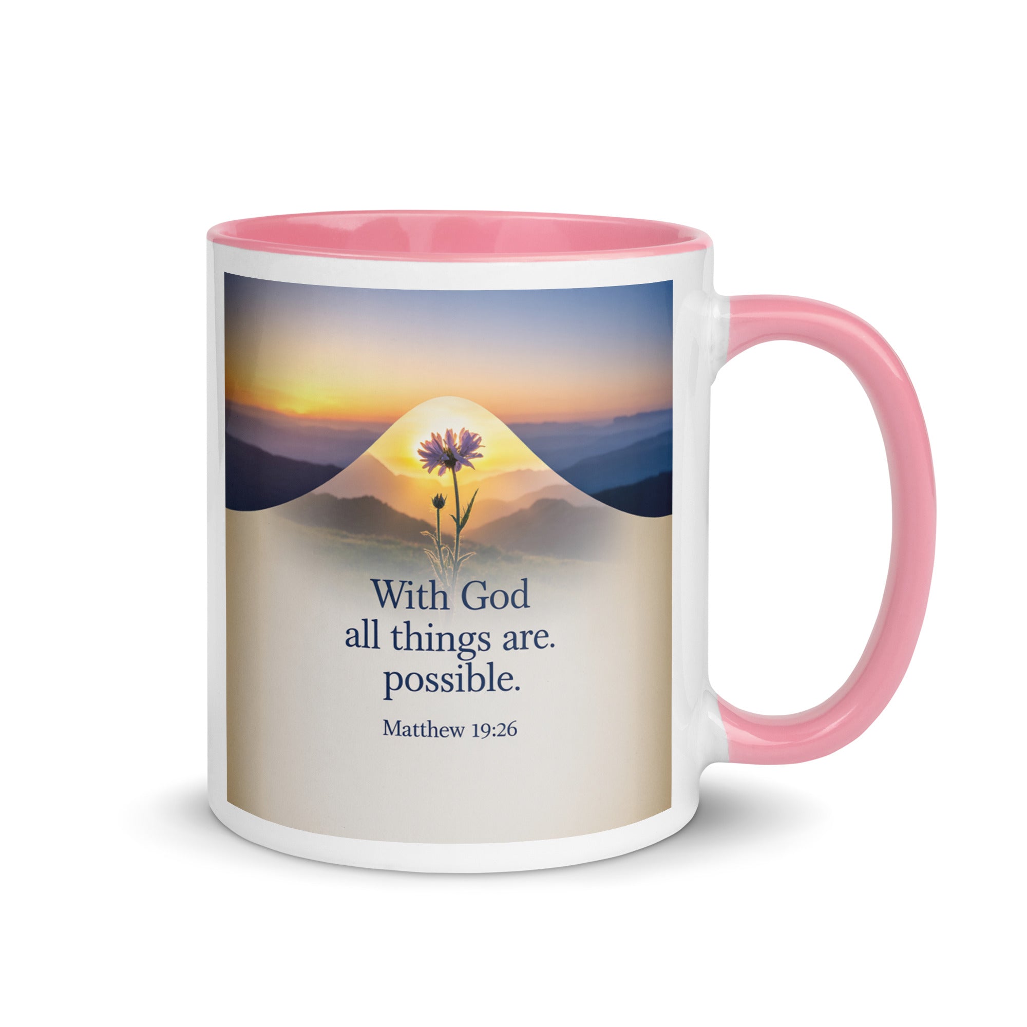 Matthew 19:26 Bible Verse at them White Ceramic Mug with Color Inside Pink 11 oz