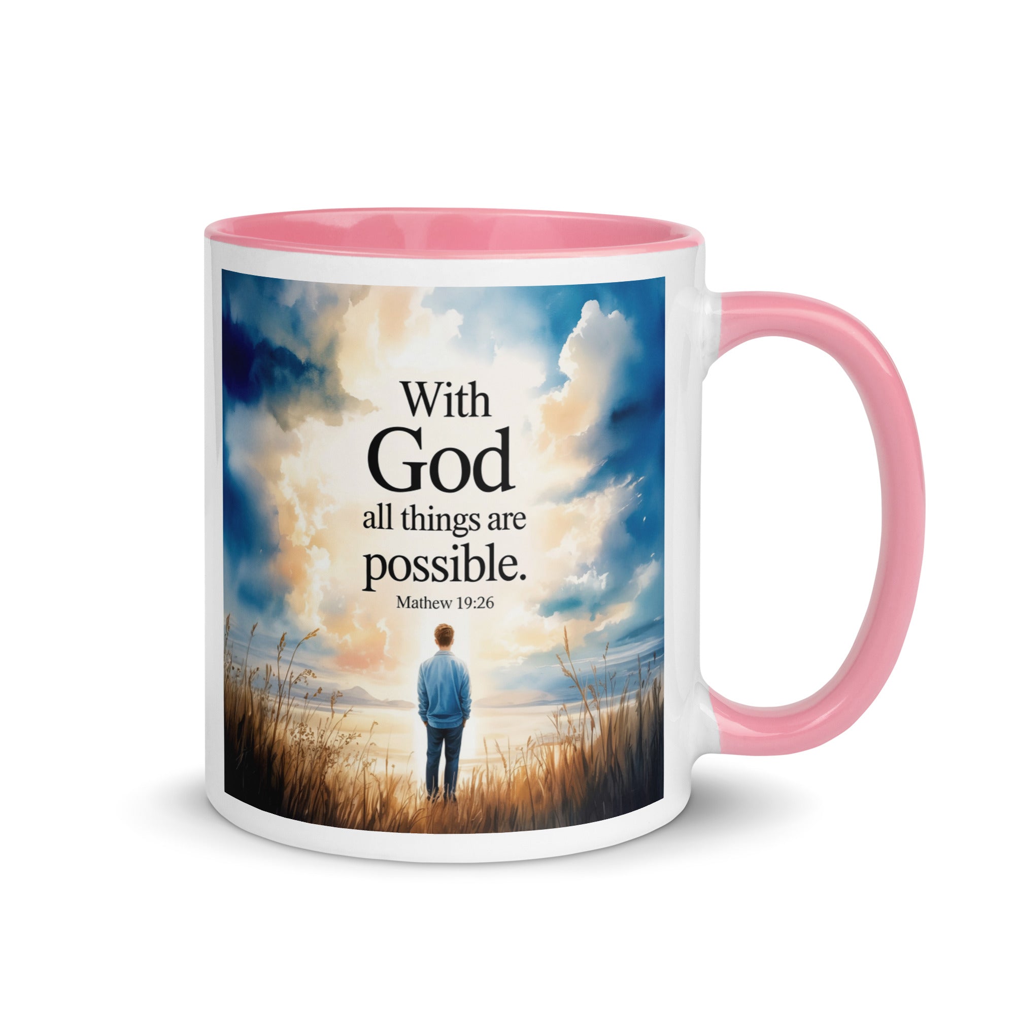 Matthew 19:26 Bible Verse Jesus White Ceramic Mug with Color Inside Pink 11 oz
