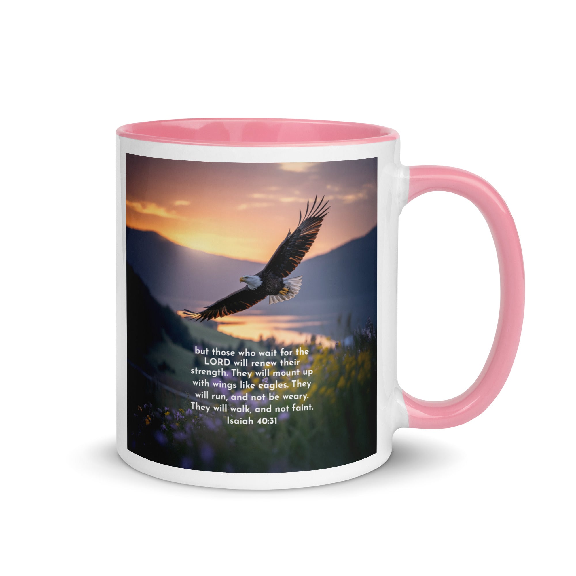 Isaiah 40:31 Bible Verse Renew Strength White Ceramic Mug with Color Inside Pink 11 oz