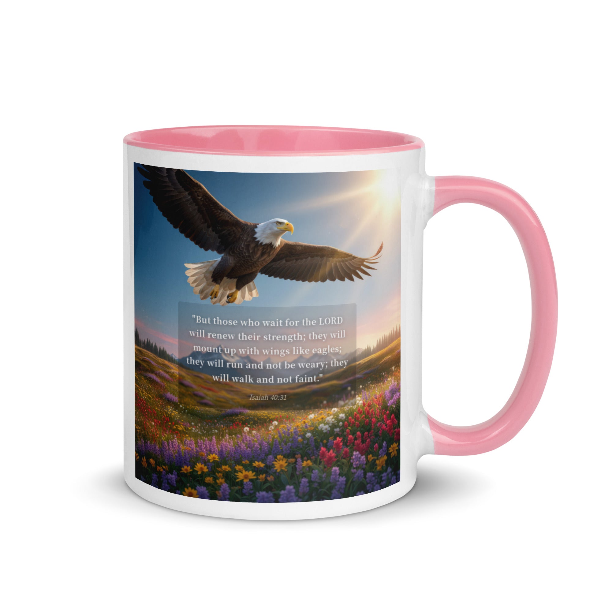 Isaiah 40:31 Bible Verse Who Wait White Ceramic Mug with Color Inside Pink 11 oz