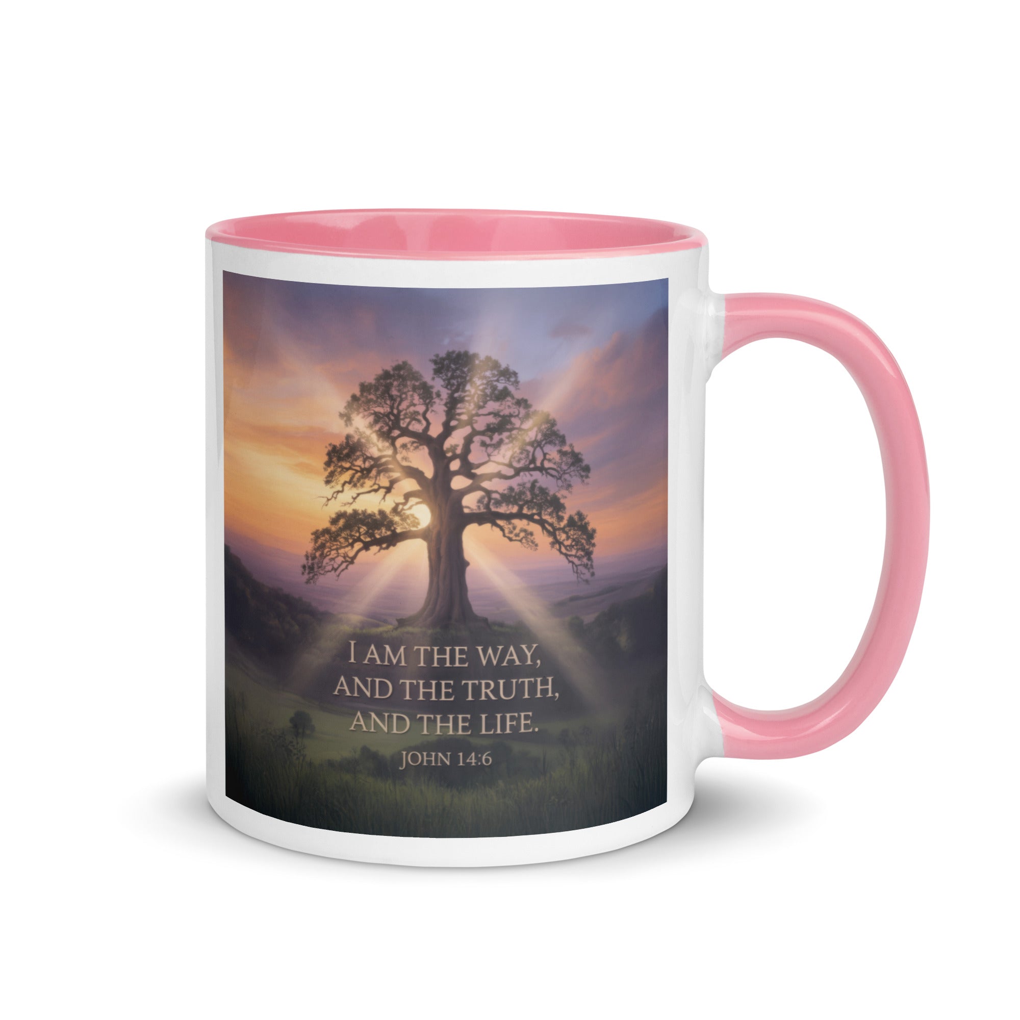 John 14:6 Bible Verse Jesus said White Ceramic Mug with Color Inside Pink 11 oz