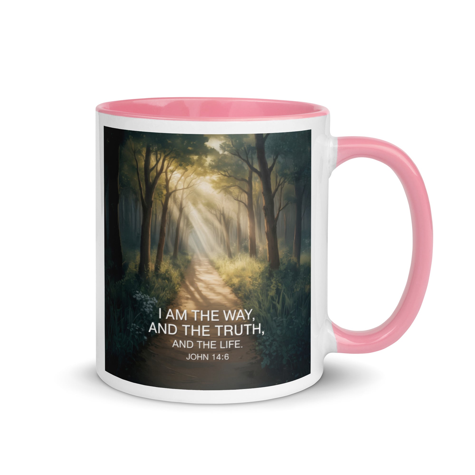 John 14:6 Bible Verse I Am White Ceramic Mug with Color Inside Pink 11 oz