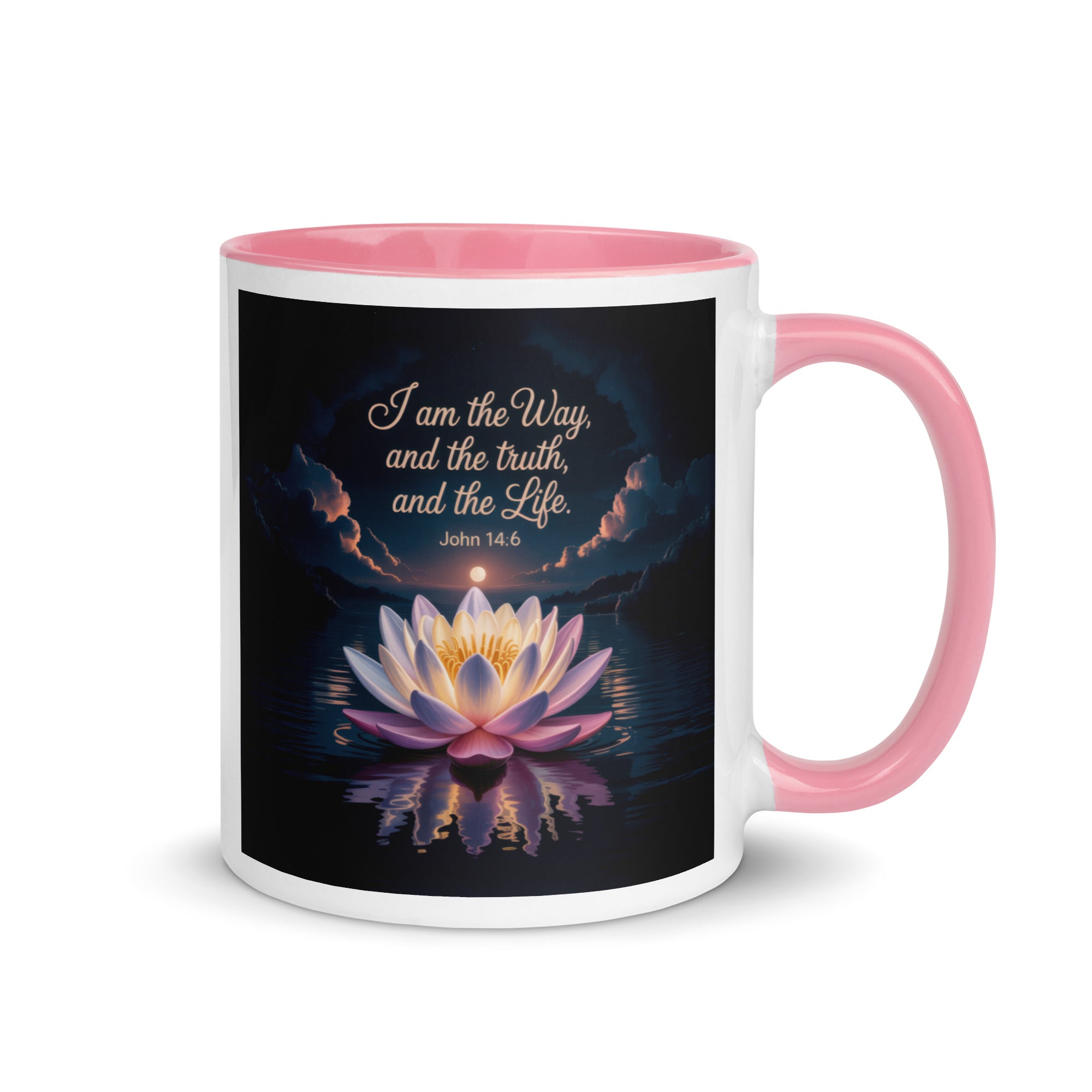 John 14:6 Bible Verse The Way White Ceramic Mug with Color Inside Pink 11 oz