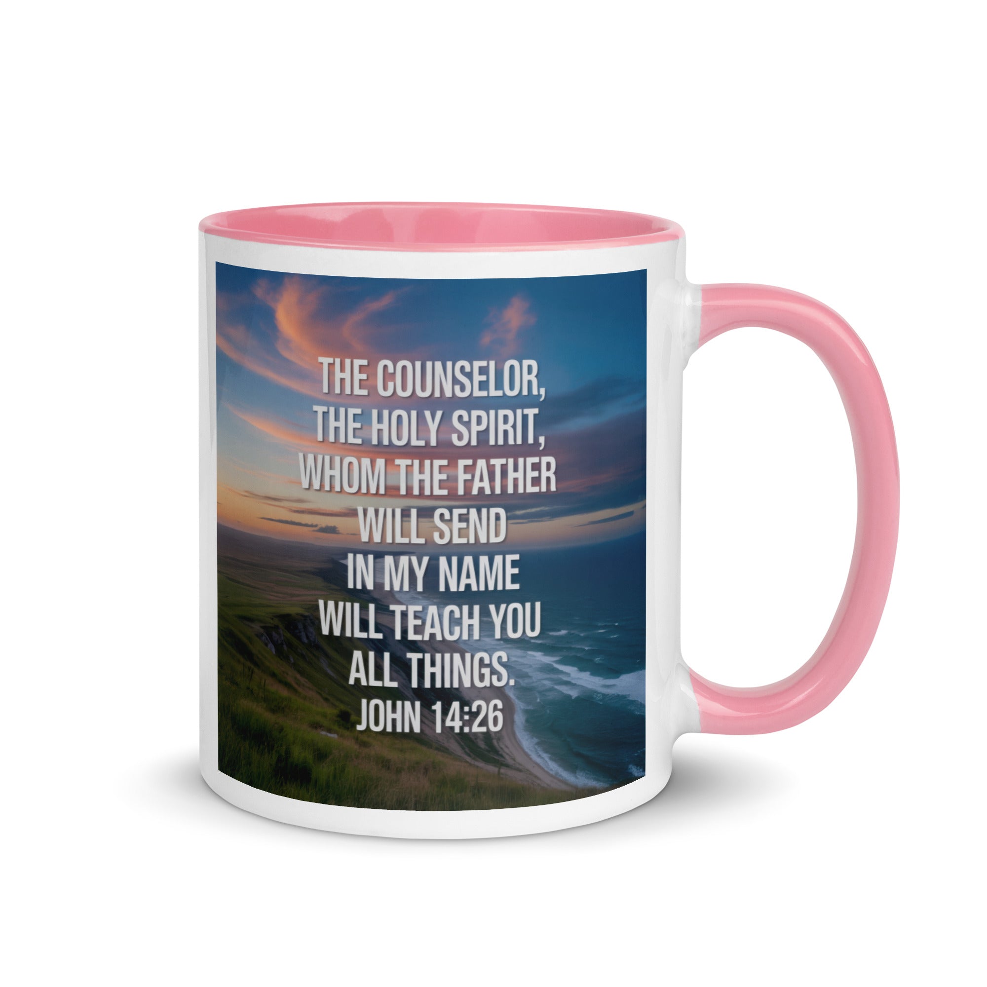 John 14:26 Bible Verse will teach White Ceramic Mug with Color Inside Pink 11 oz
