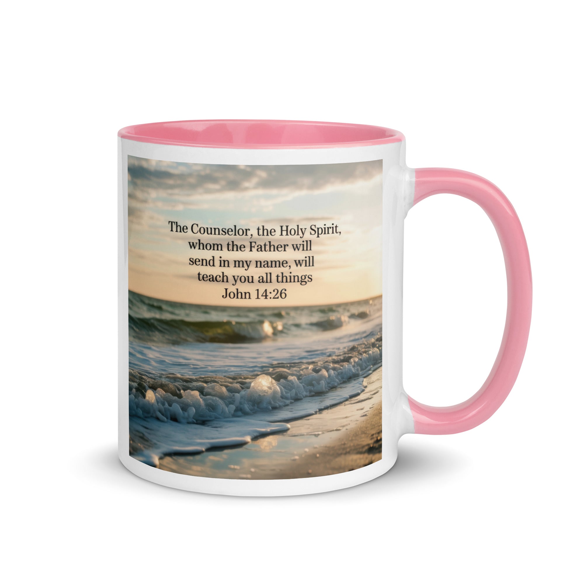 John 14:26 Bible Verse You All White Ceramic Mug with Color Inside Pink 11 oz
