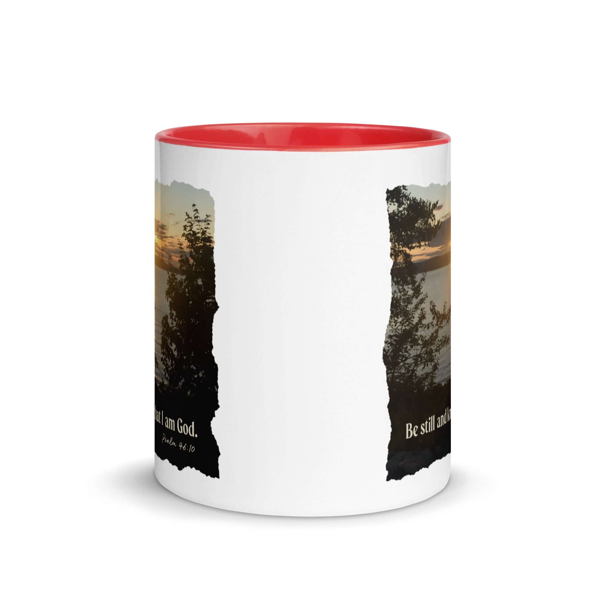 Psalm 46:10 Bible Verse, Sunset Glory White Ceramic Mug with Color Inside