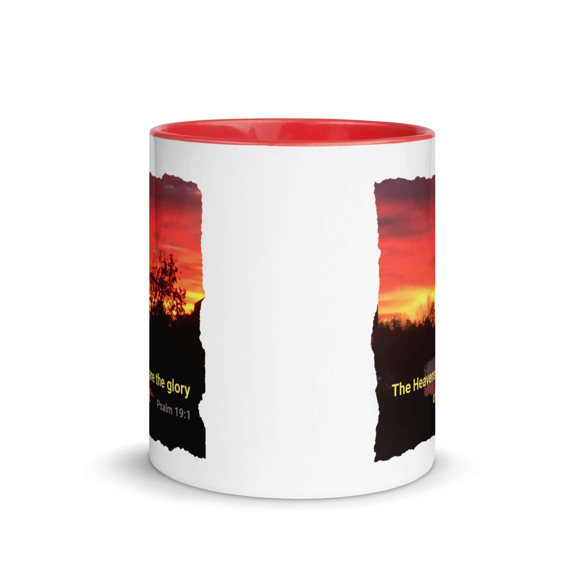 Psalm 19:1 Bible Verse, Sunset Glory White Ceramic Mug with Color Inside