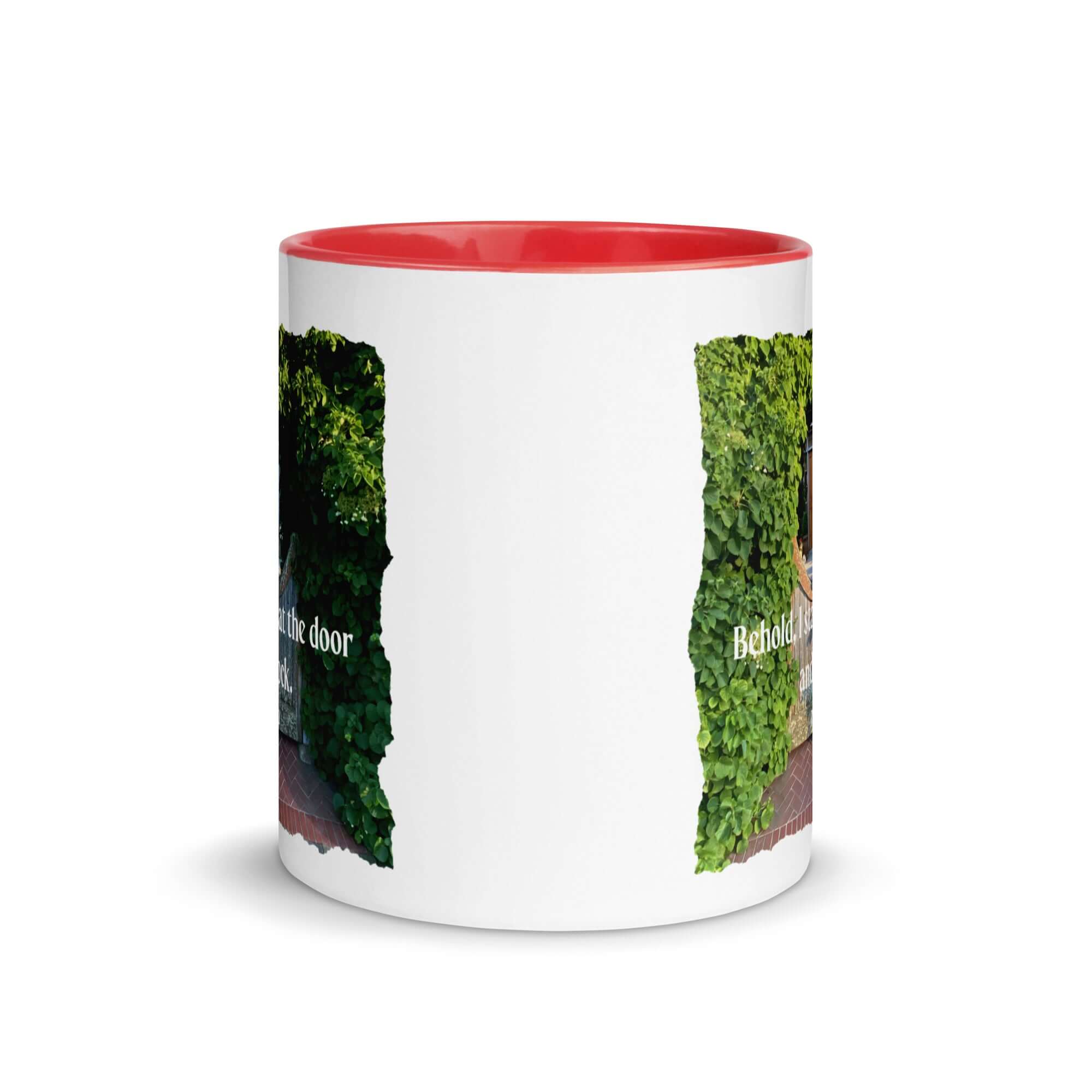 Revelation 3:20 Bible Verse, Garden Doorway White Ceramic Mug with Color Inside
