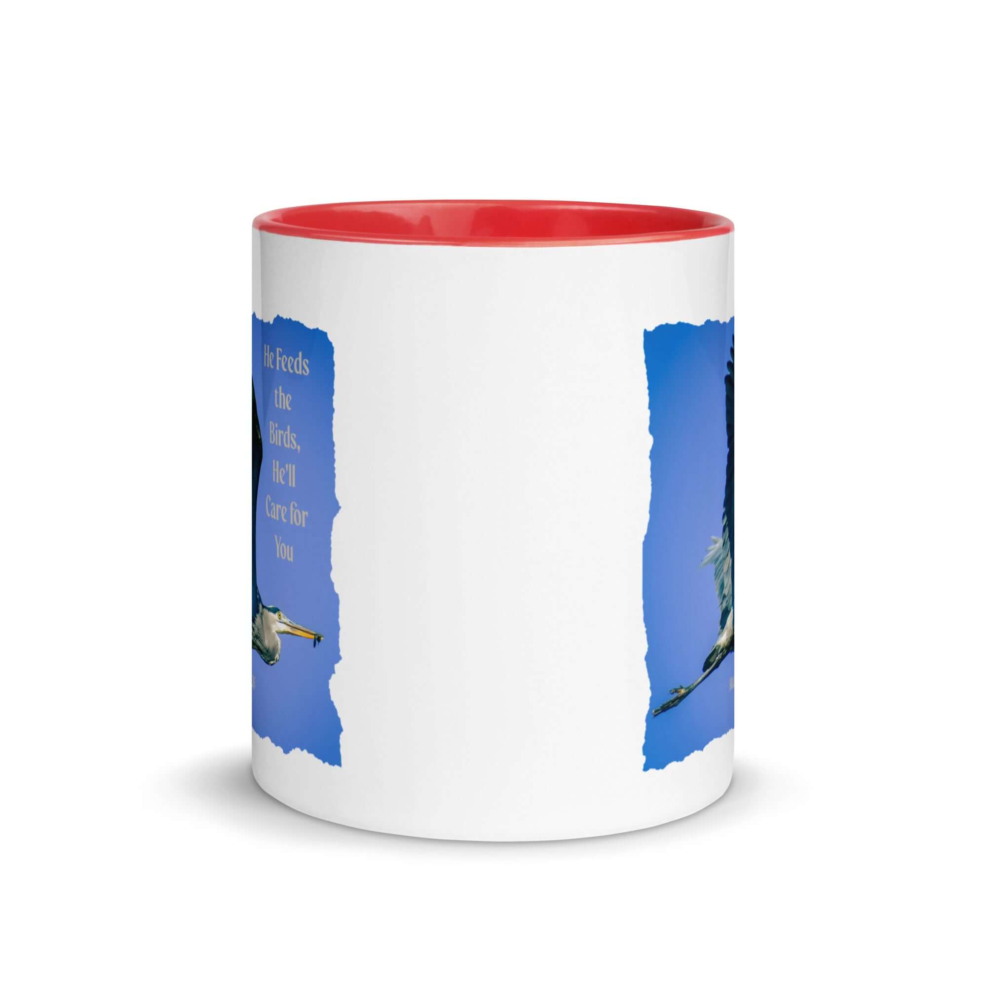 Matthew 6:26 Graceful Heron, He'll Care for You White Ceramic Mug with Color Inside