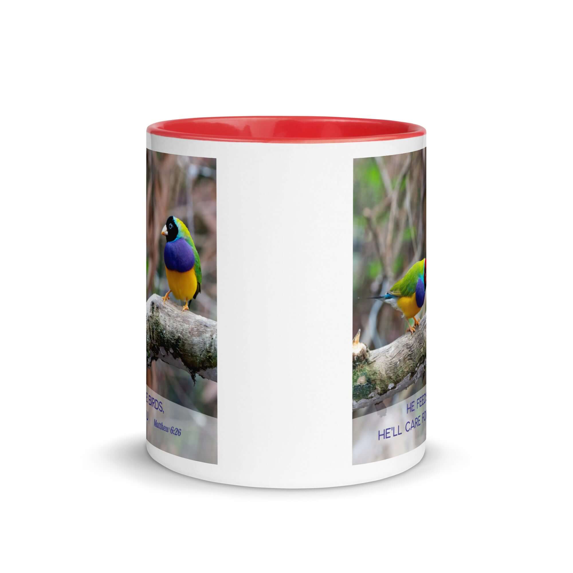 Matthew 6:26 Gouldian Finches, He'll Care for You White Ceramic Mug with Color Inside