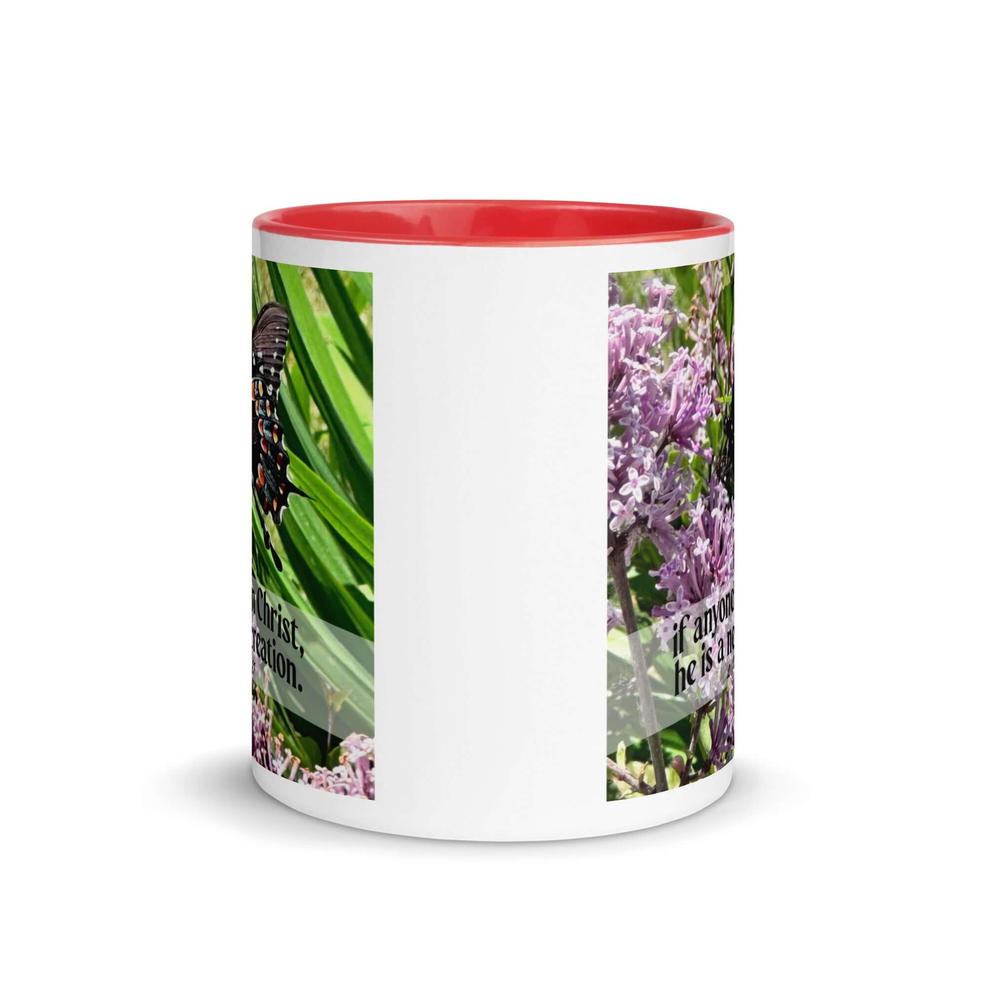 2 Corinthians 5:17 Bible Verse, Butterfly White Ceramic Mug with Color Inside