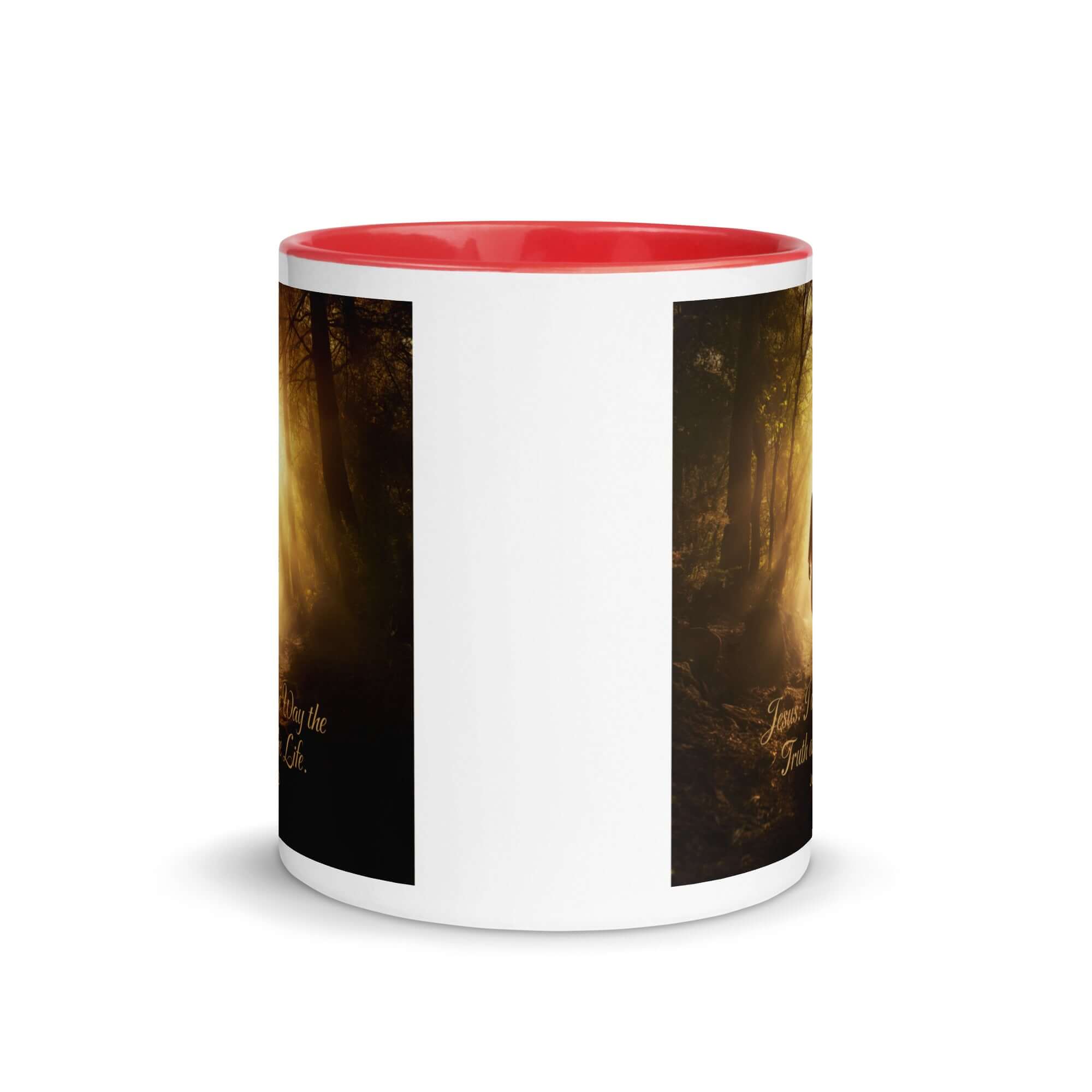 John 14:6 Bible Verse, Forest Image White Ceramic Mug with Color Inside