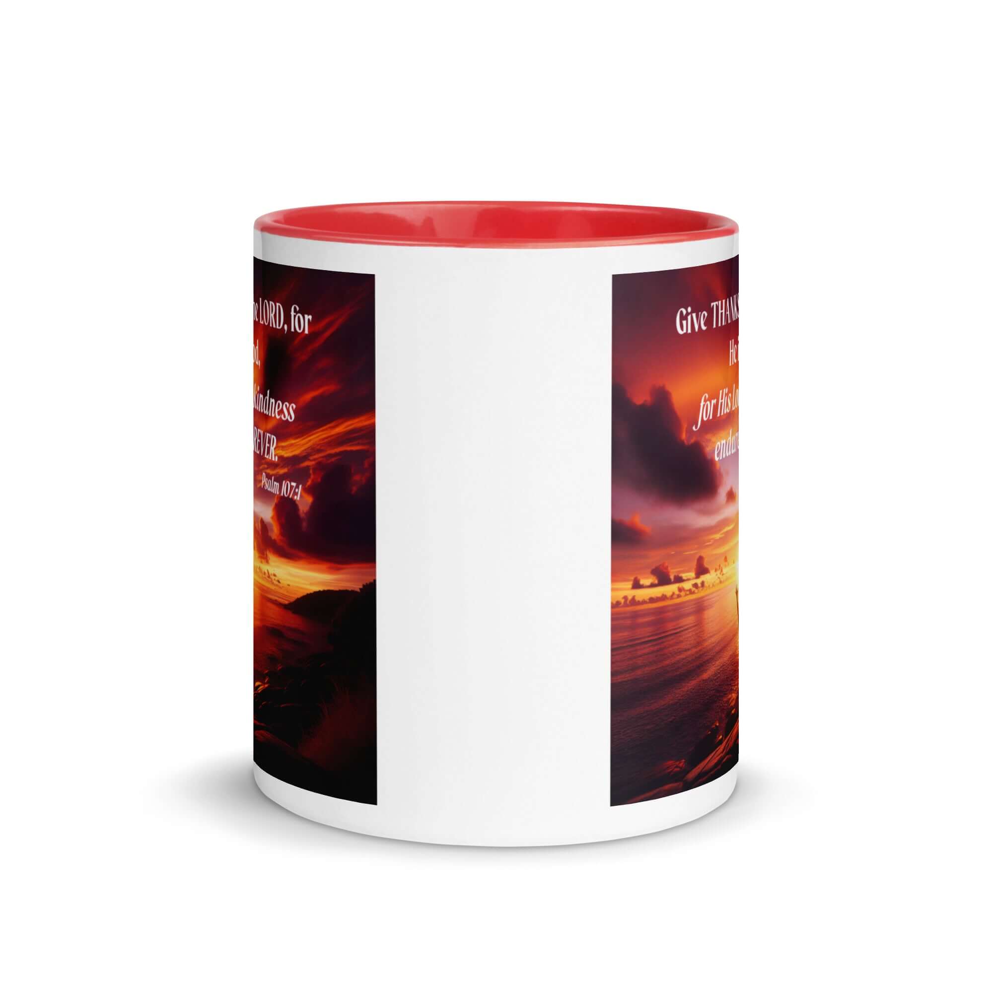 Psalm 107:1 Bible Verse, Give Thanks to the Lord White Ceramic Mug with Color Inside