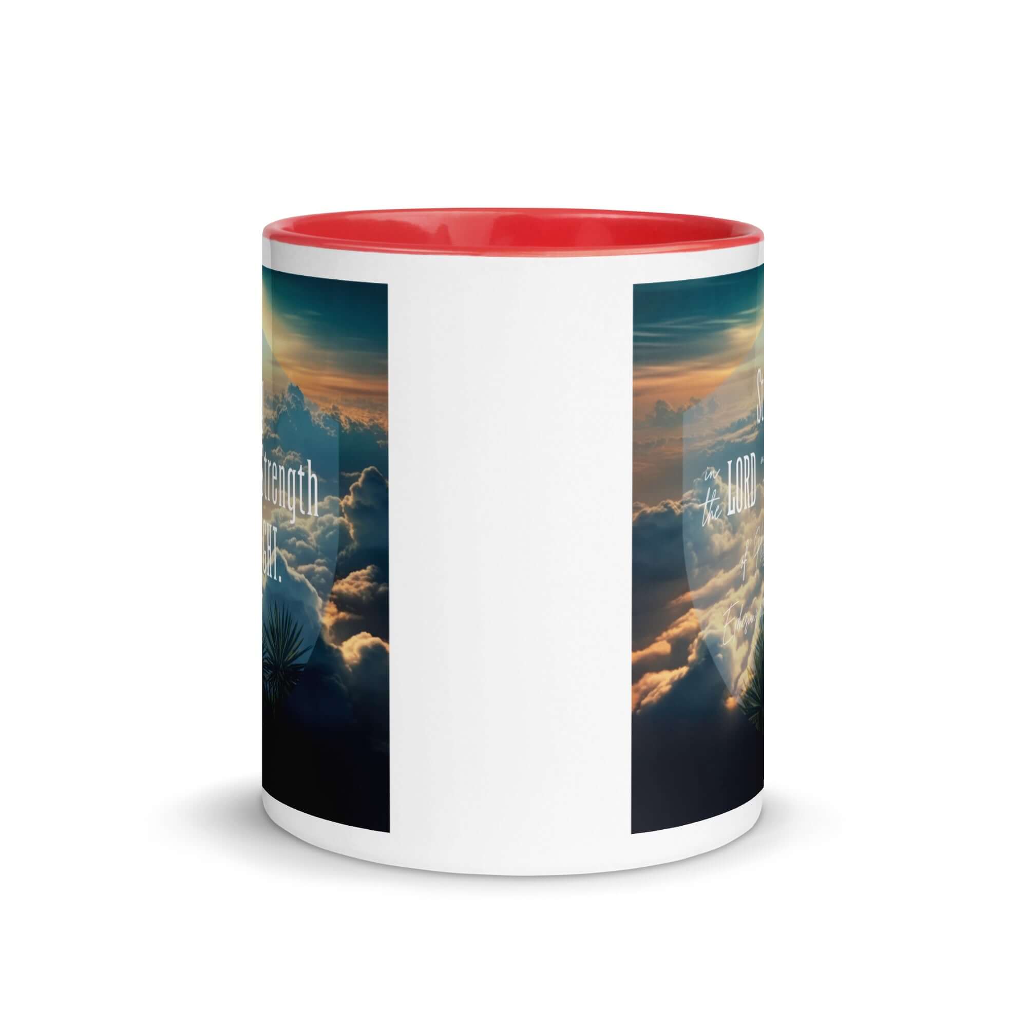 Ephesians 6:10 Bible Verse, be strong in the Lord White Ceramic Mug with Color Inside