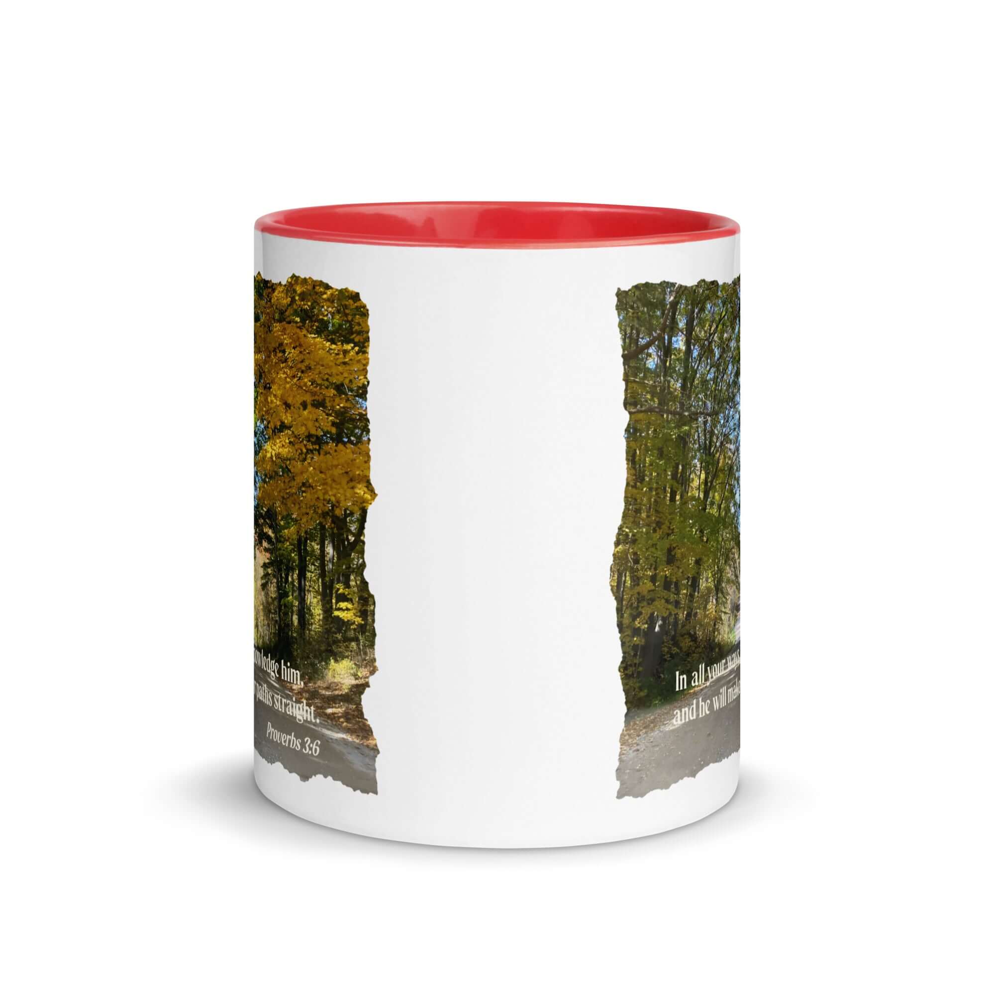 Proverbs 3:6 Bible Verse, Fall Road White Ceramic Mug with Color Inside