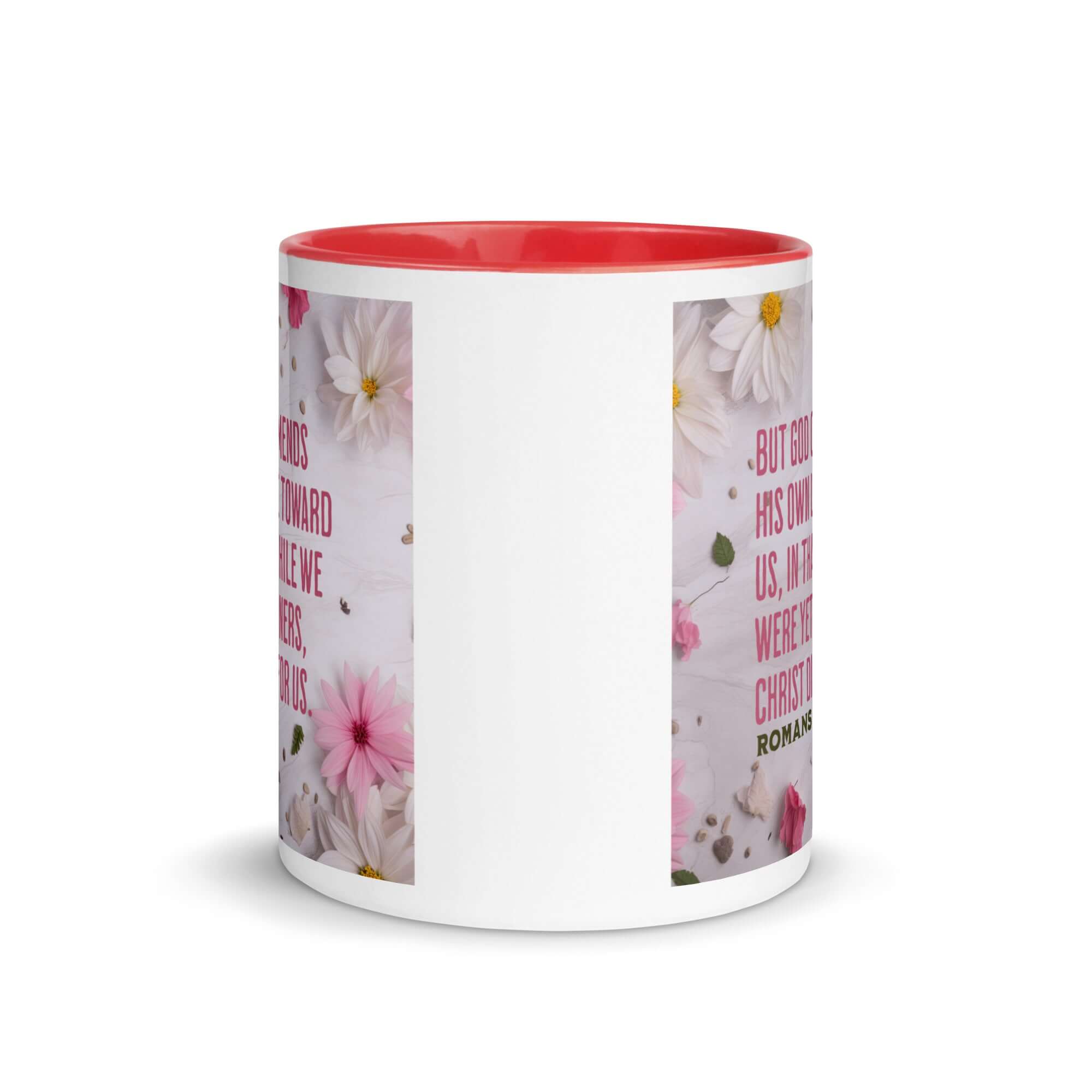 Romans 5:8 Bible Verse, Christ Died for Us White Ceramic Mug with Color Inside