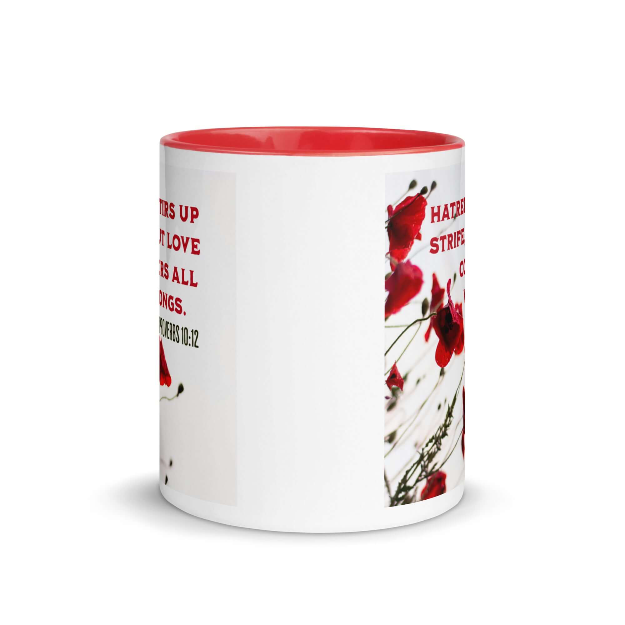 Proverbs 10:12 Bible Verse, Love Covers All White Ceramic Mug with Color Inside