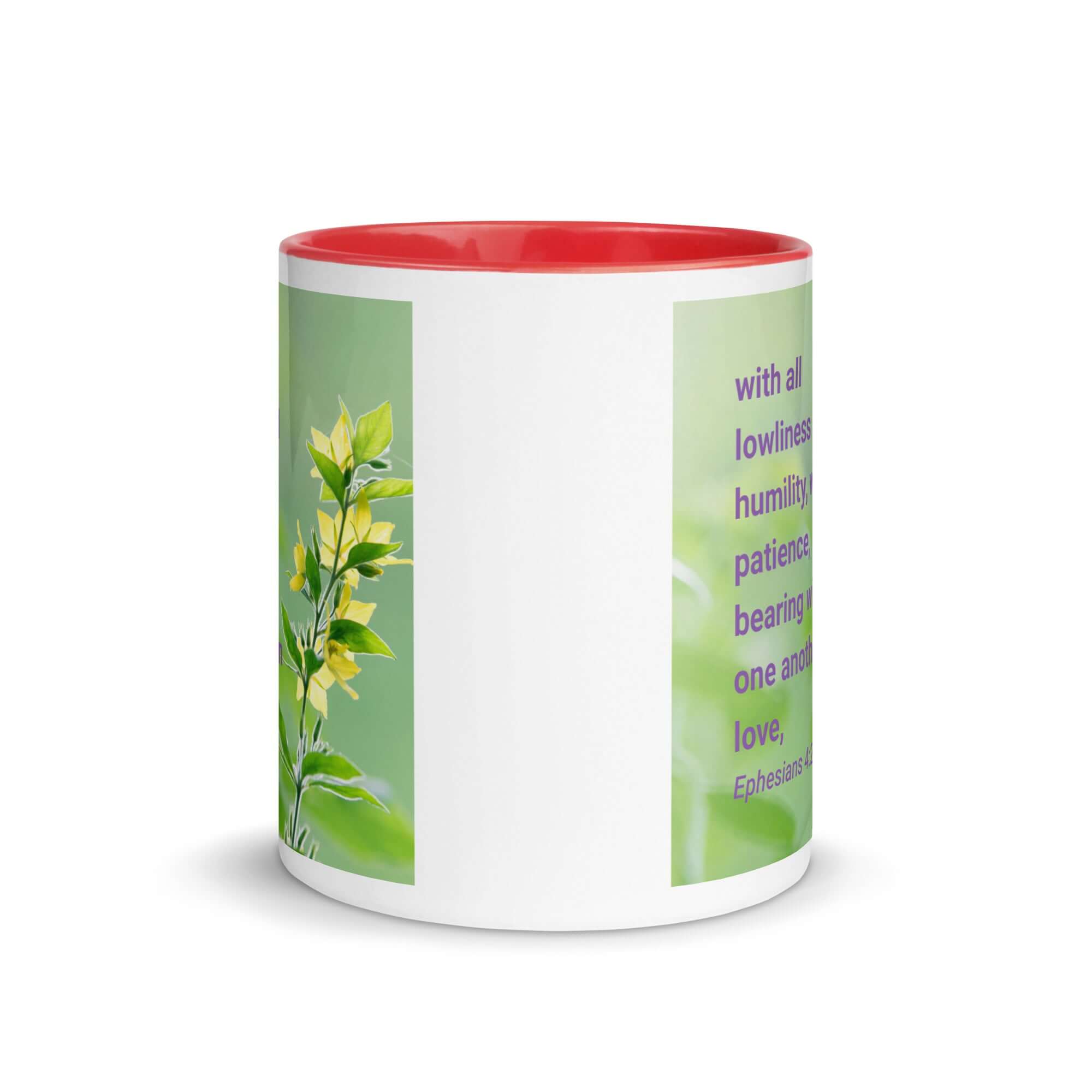 Ephesians 4:2 Bible Verse, one another in love White Ceramic Mug with Color Inside