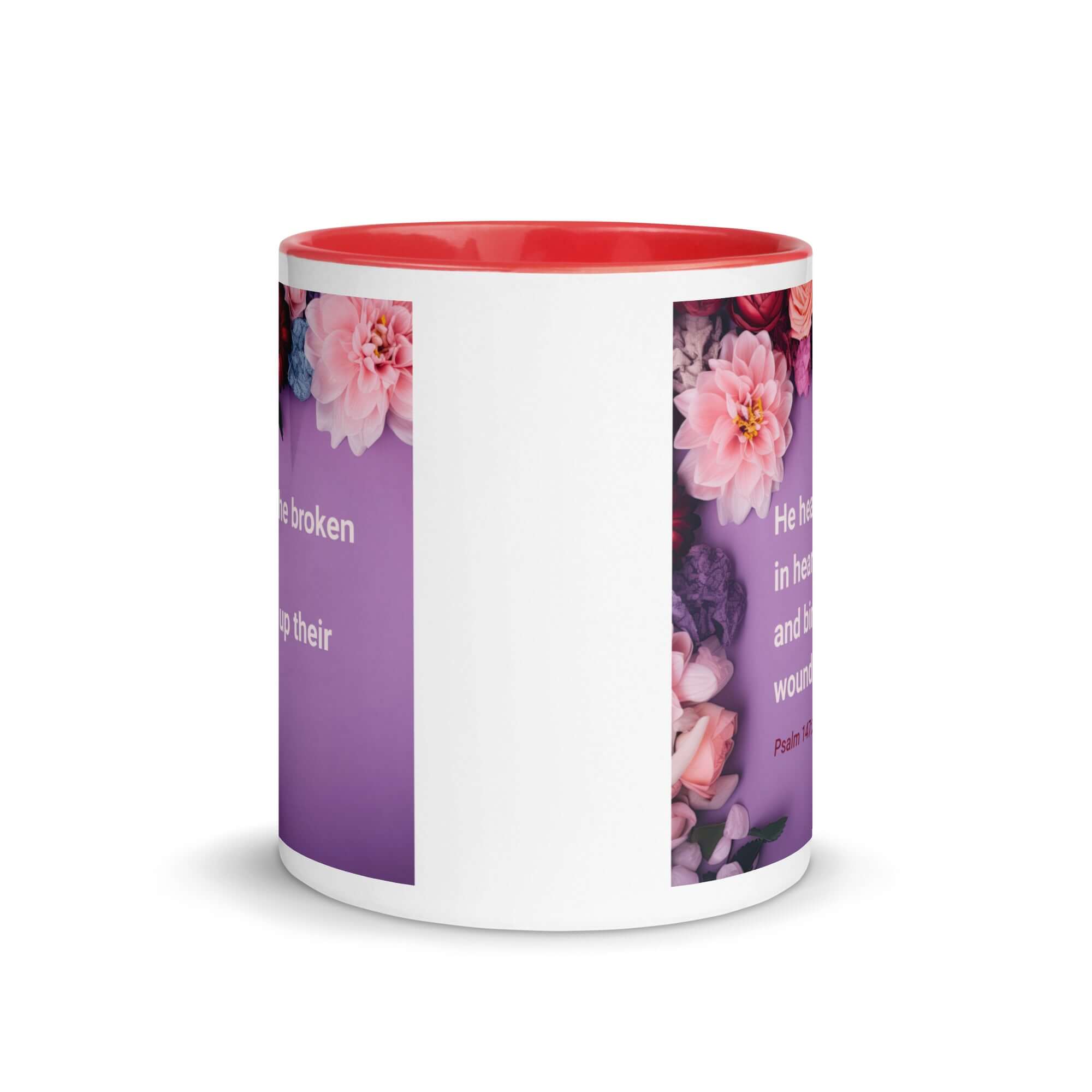 Psalm 147:3 Bible Verse, He heals the broken White Ceramic Mug with Color Inside