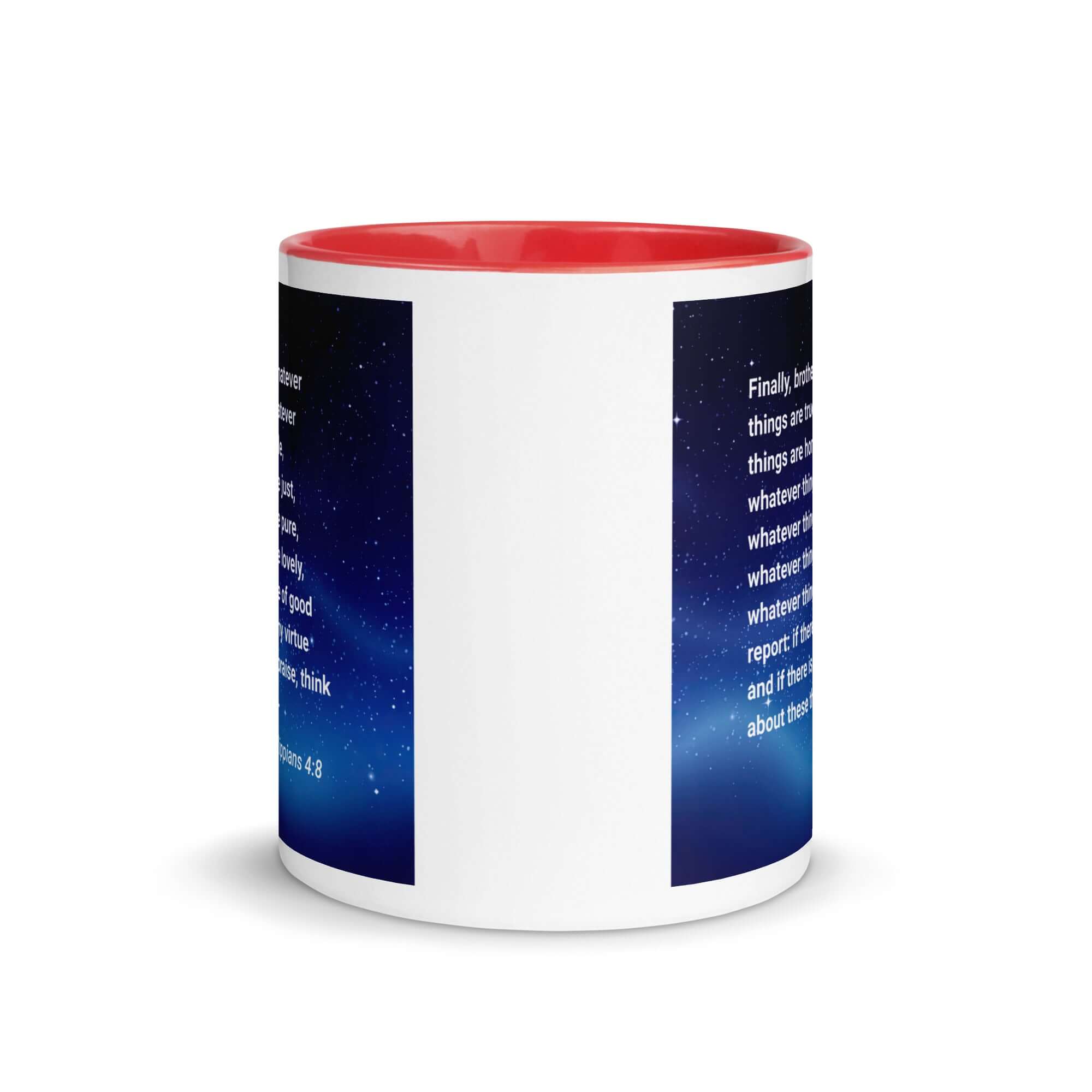 Philippians 4:8 Bible Verse, Think these things White Ceramic Mug with Color Inside